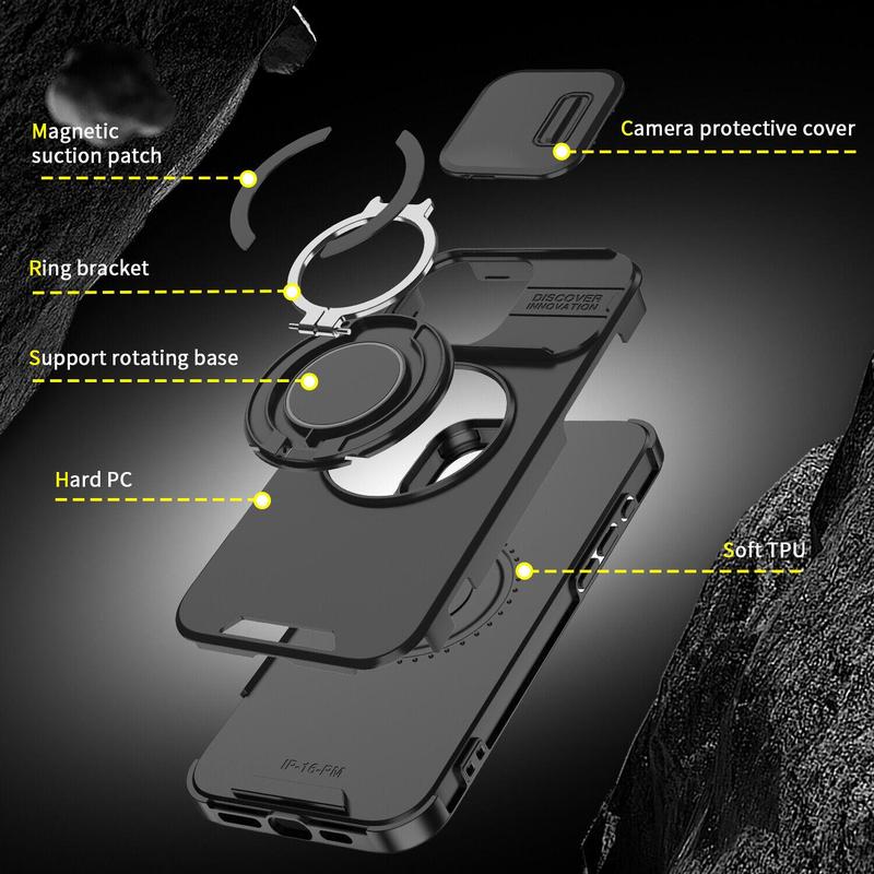 Case with Slide Camera Cover & Rotatable Ring Kickstand,  Grade Shockproof Protective Case for iPhone 11/12/13/14/15/16/17 Series