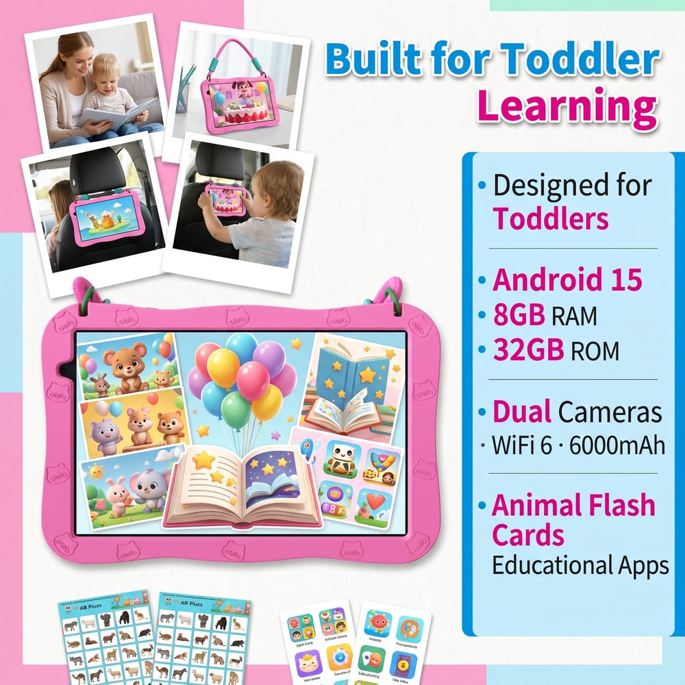 10.1 Inch Kids Tablet Android 15 8GB+32GB 6000mAh Shockproof Silicone Case Educational Tablet for Toddlers 📚
