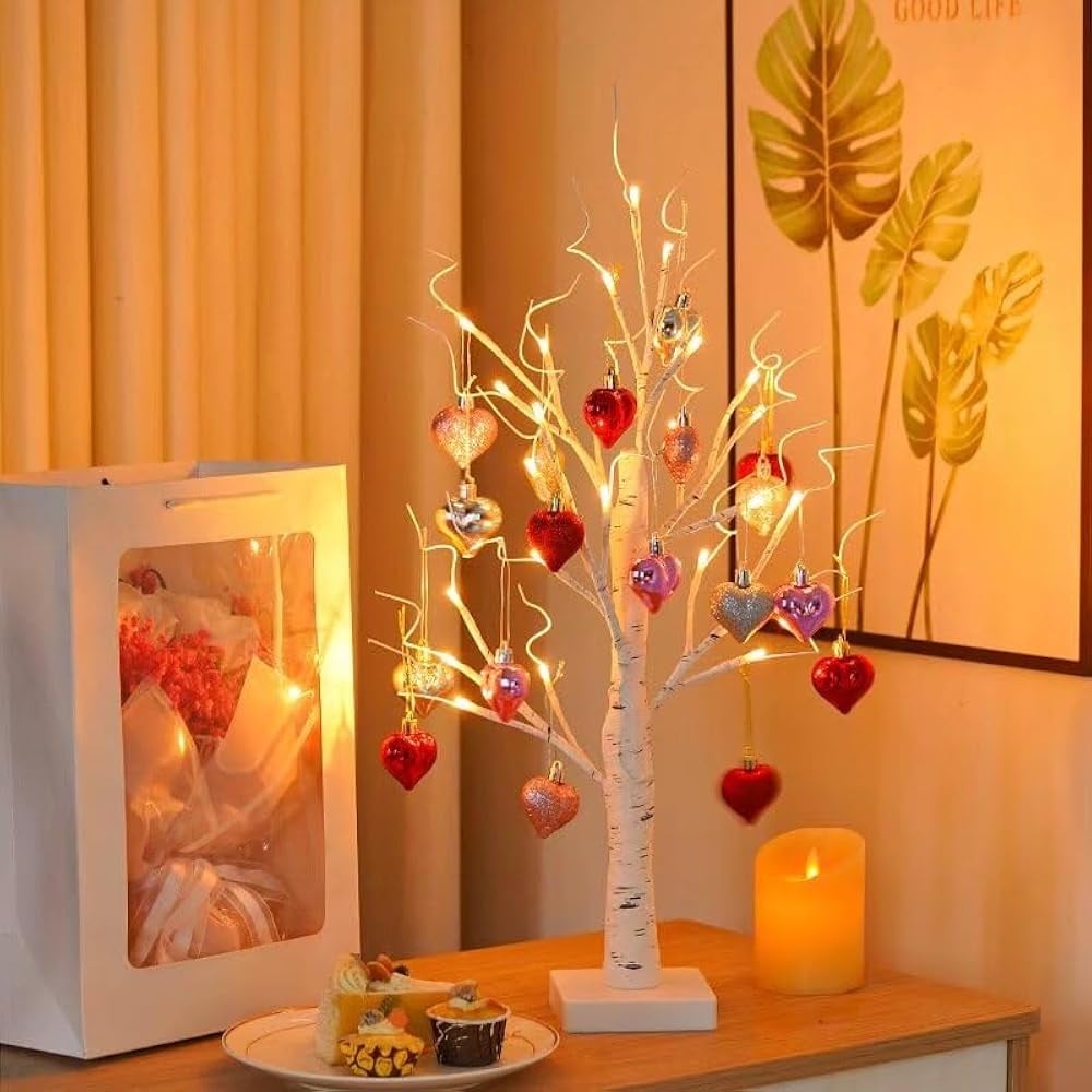 Valentines Day Decor Lighted Birch Tree with Heart Ornaments