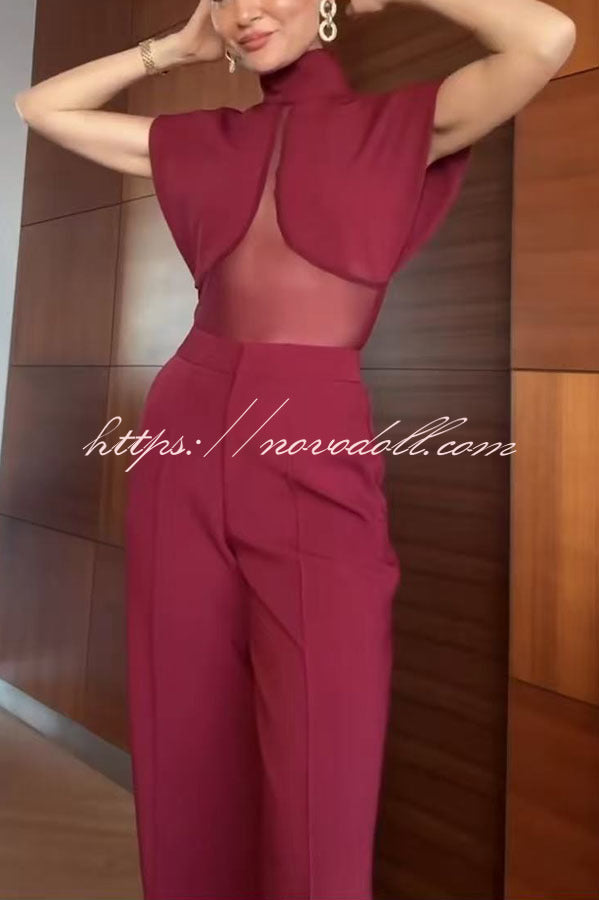 Vita Mesh Patchwork High Neck Wide Sleeve Bodysuit and High Rise Pocket Slit Pants Set