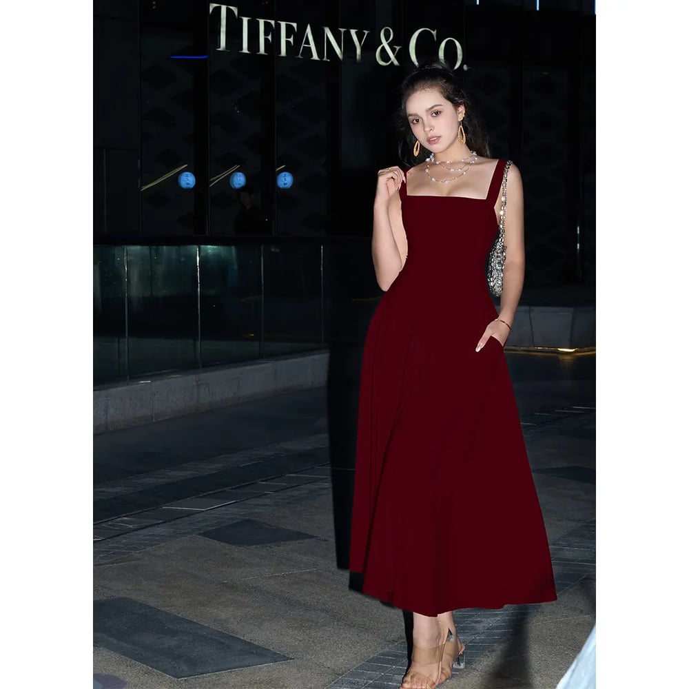 Women's Sleeveless Square Neck A-Line Maxi Dress with Pockets