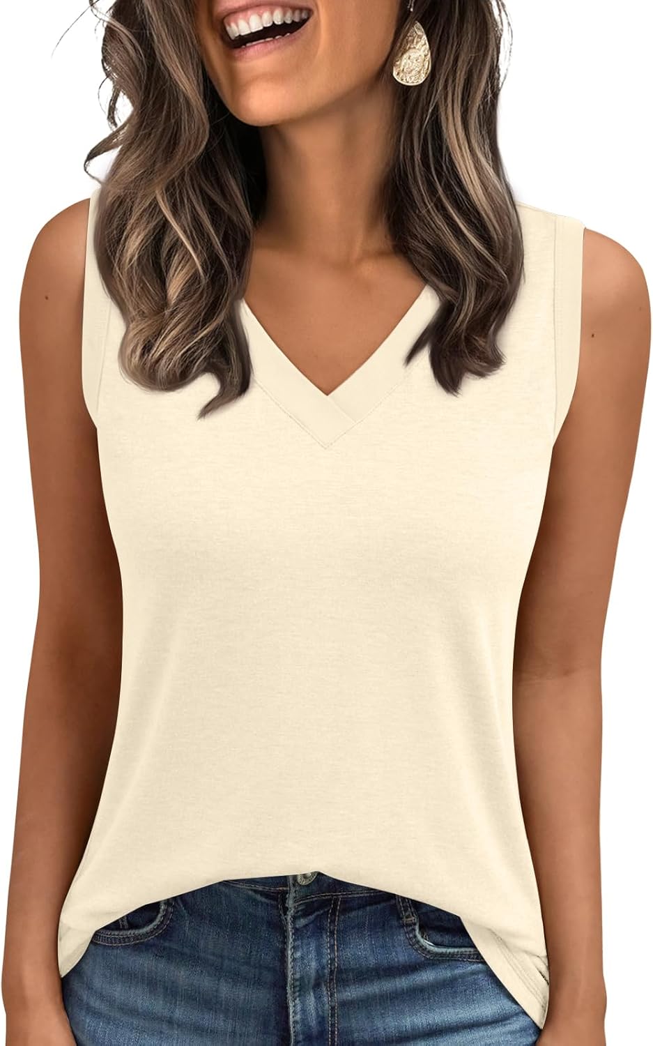 Women's Sleeveless V-Neck Slimming Loose Fit Casual Tank Top T-Shirt