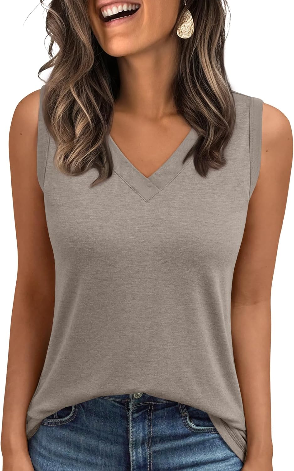 Women's Sleeveless V-Neck Slimming Loose Fit Casual Tank Top T-Shirt