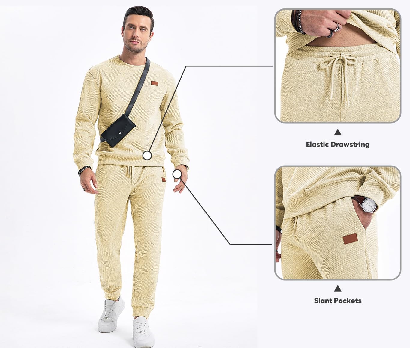 Men's 2 Piece Sweatsuits Outfits Casual Crewneck Jacquard Sweatshirt Joggers Sweatpants Set