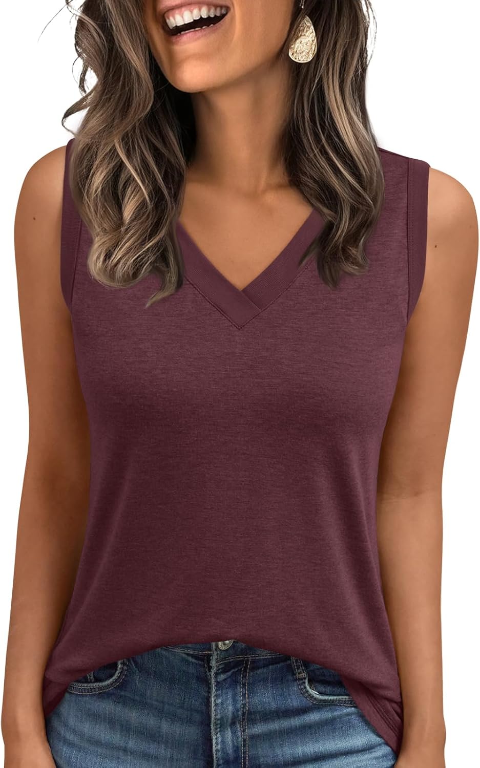 Women's Sleeveless V-Neck Slimming Loose Fit Casual Tank Top T-Shirt