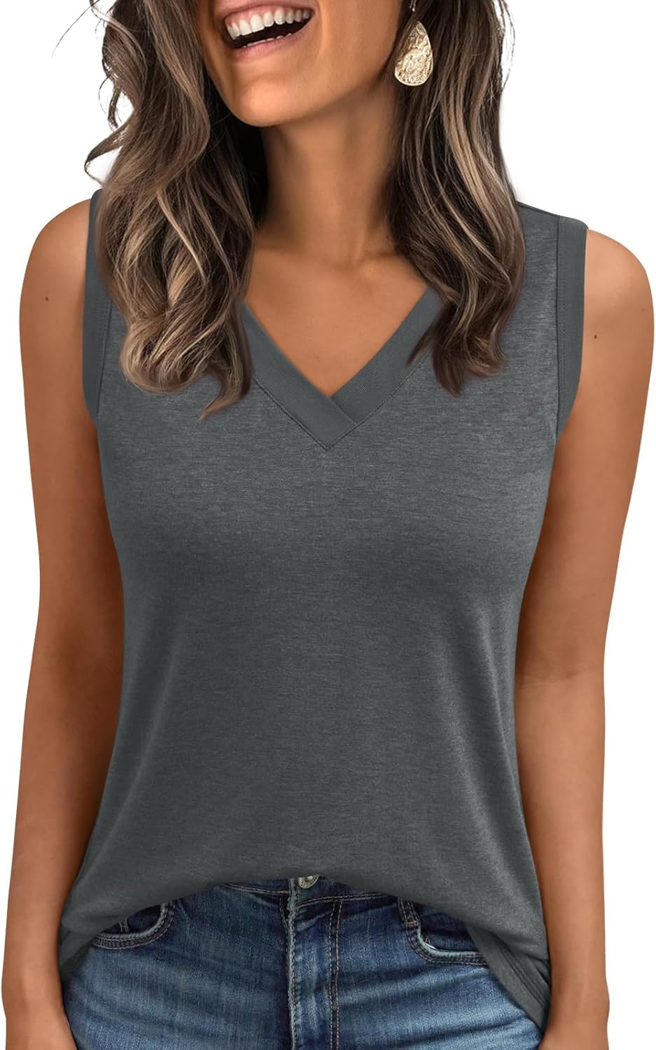 Women's Sleeveless V-Neck Slimming Loose Fit Casual Tank Top T-Shirt