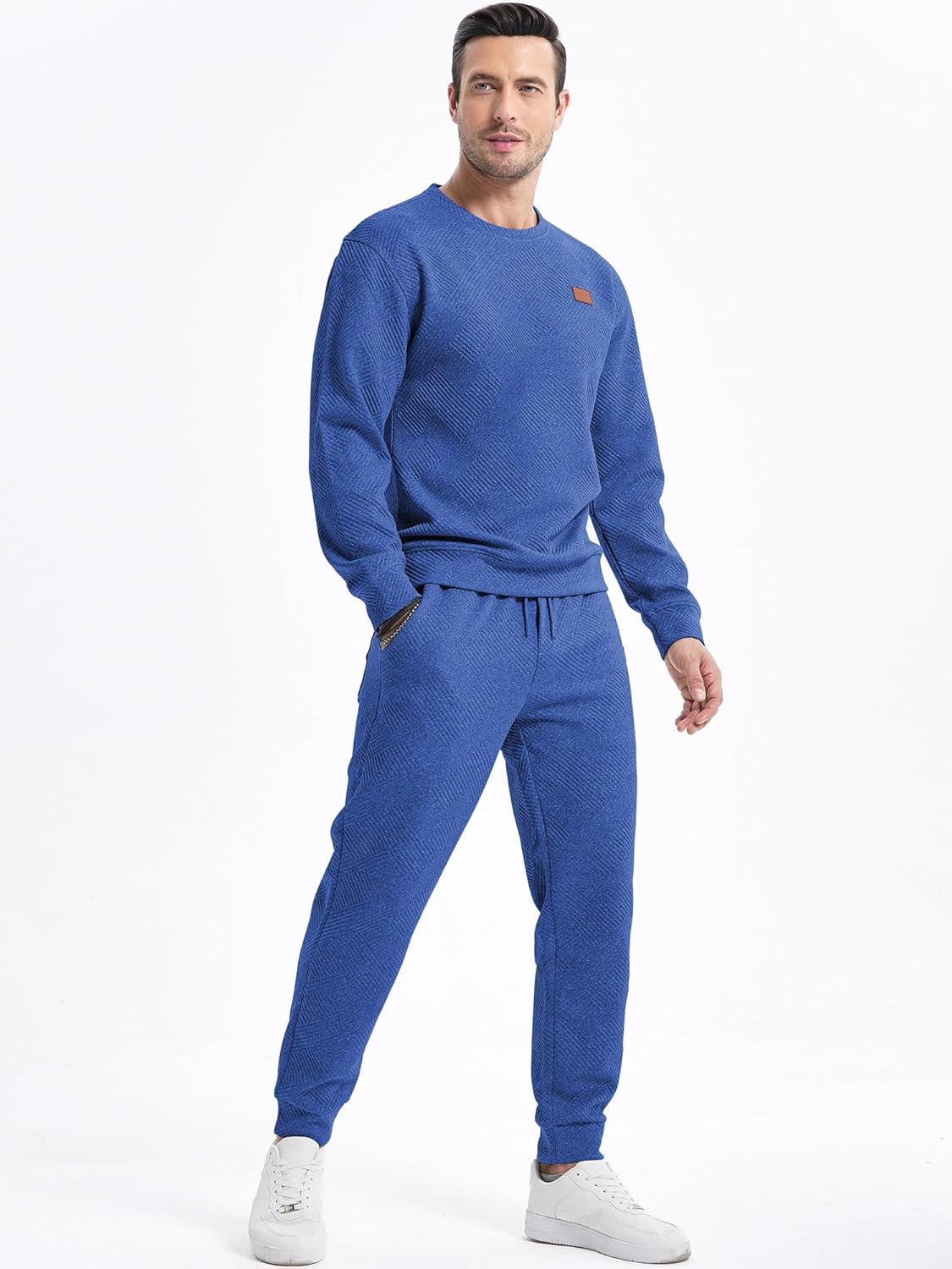 Men's 2 Piece Sweatsuits Outfits Casual Crewneck Jacquard Sweatshirt Joggers Sweatpants Set
