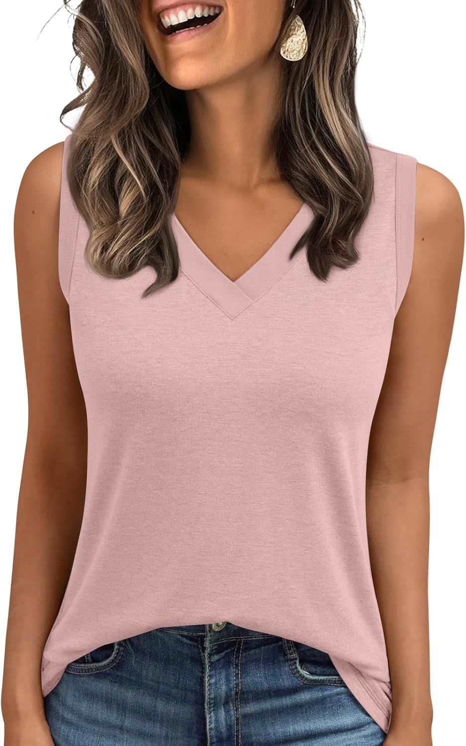 Women's Sleeveless V-Neck Slimming Loose Fit Casual Tank Top T-Shirt