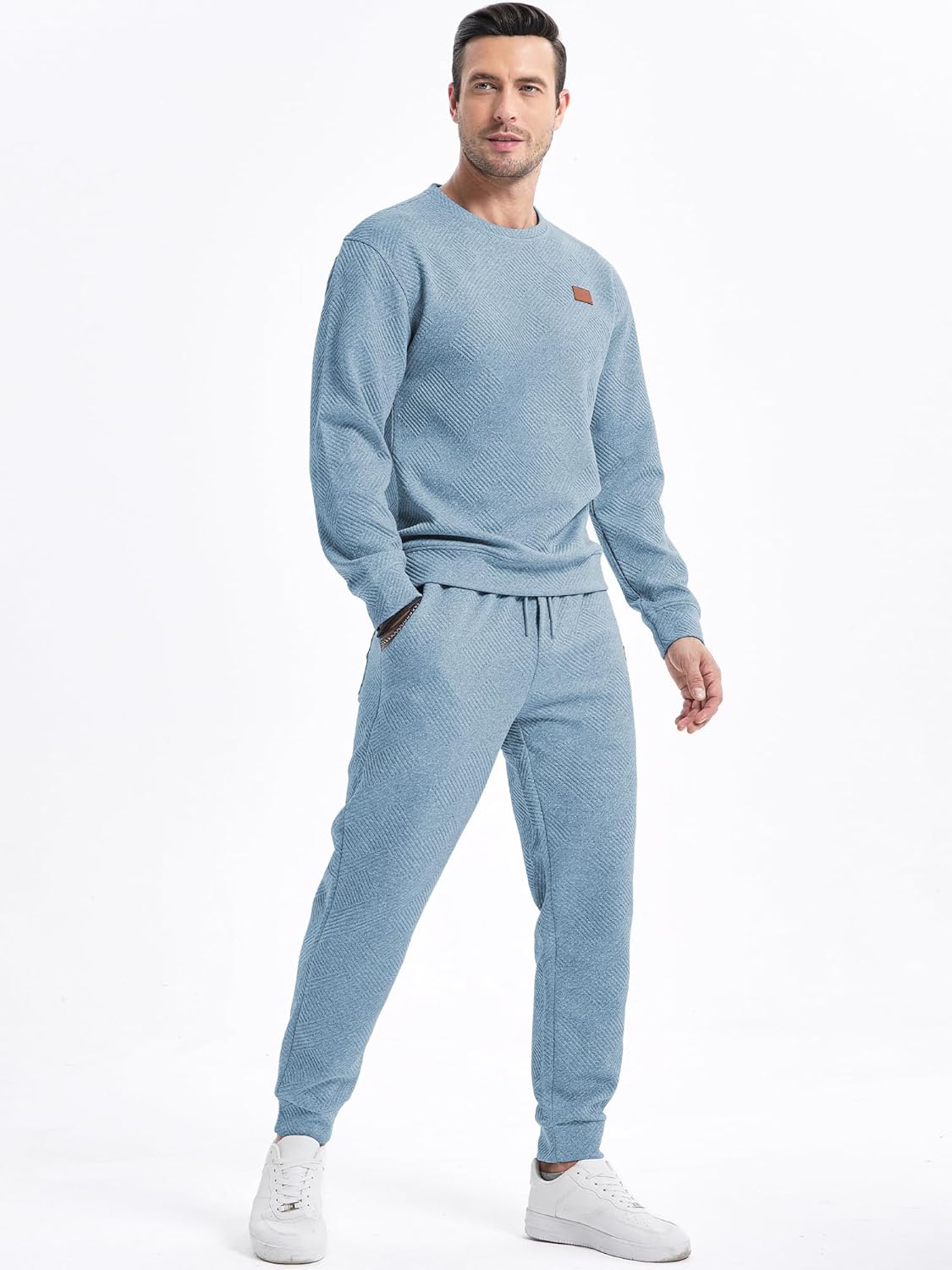 Men's 2 Piece Sweatsuits Outfits Casual Crewneck Jacquard Sweatshirt Joggers Sweatpants Set