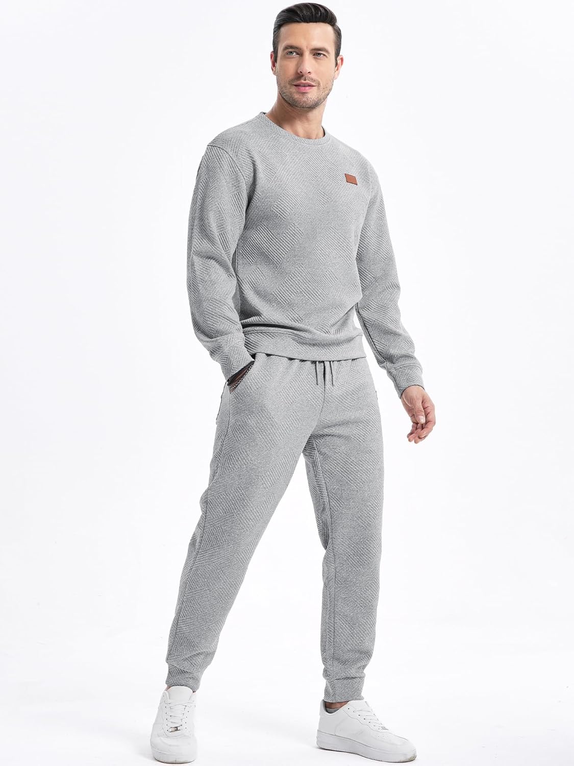 Men's 2 Piece Sweatsuits Outfits Casual Crewneck Jacquard Sweatshirt Joggers Sweatpants Set