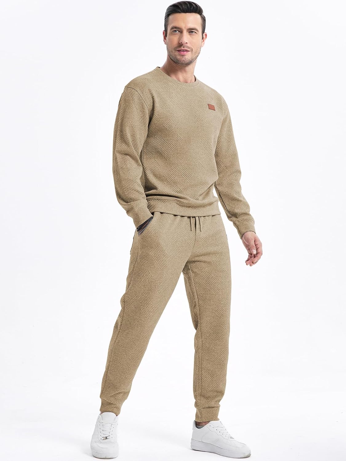 Men's 2 Piece Sweatsuits Outfits Casual Crewneck Jacquard Sweatshirt Joggers Sweatpants Set