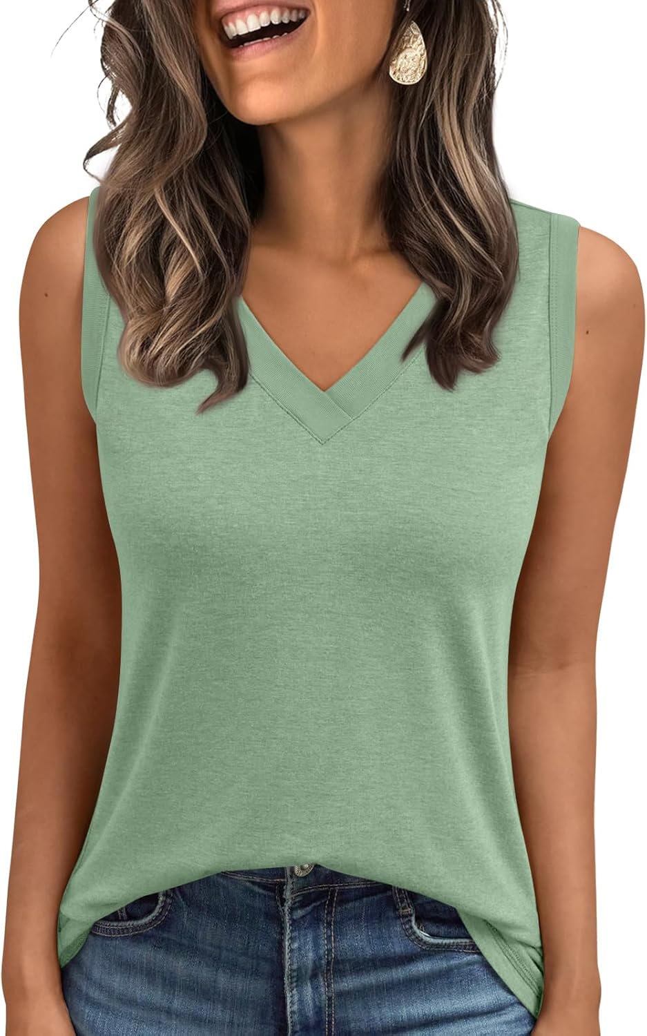 Women's Sleeveless V-Neck Slimming Loose Fit Casual Tank Top T-Shirt