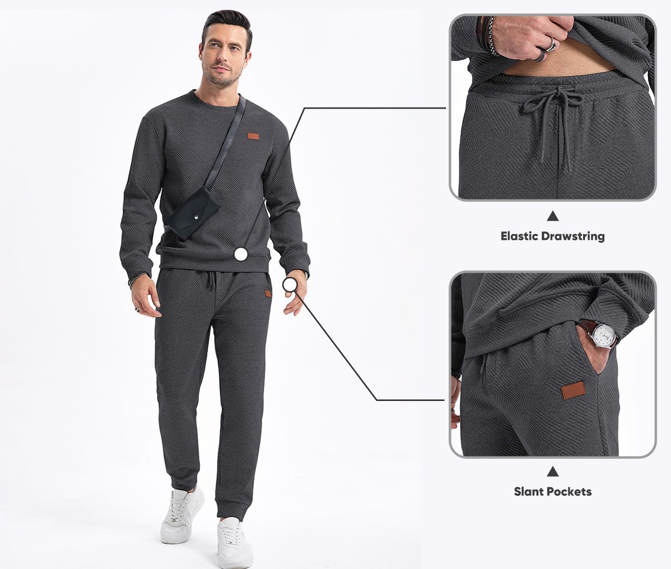 Men's 2 Piece Sweatsuits Outfits Casual Crewneck Jacquard Sweatshirt Joggers Sweatpants Set