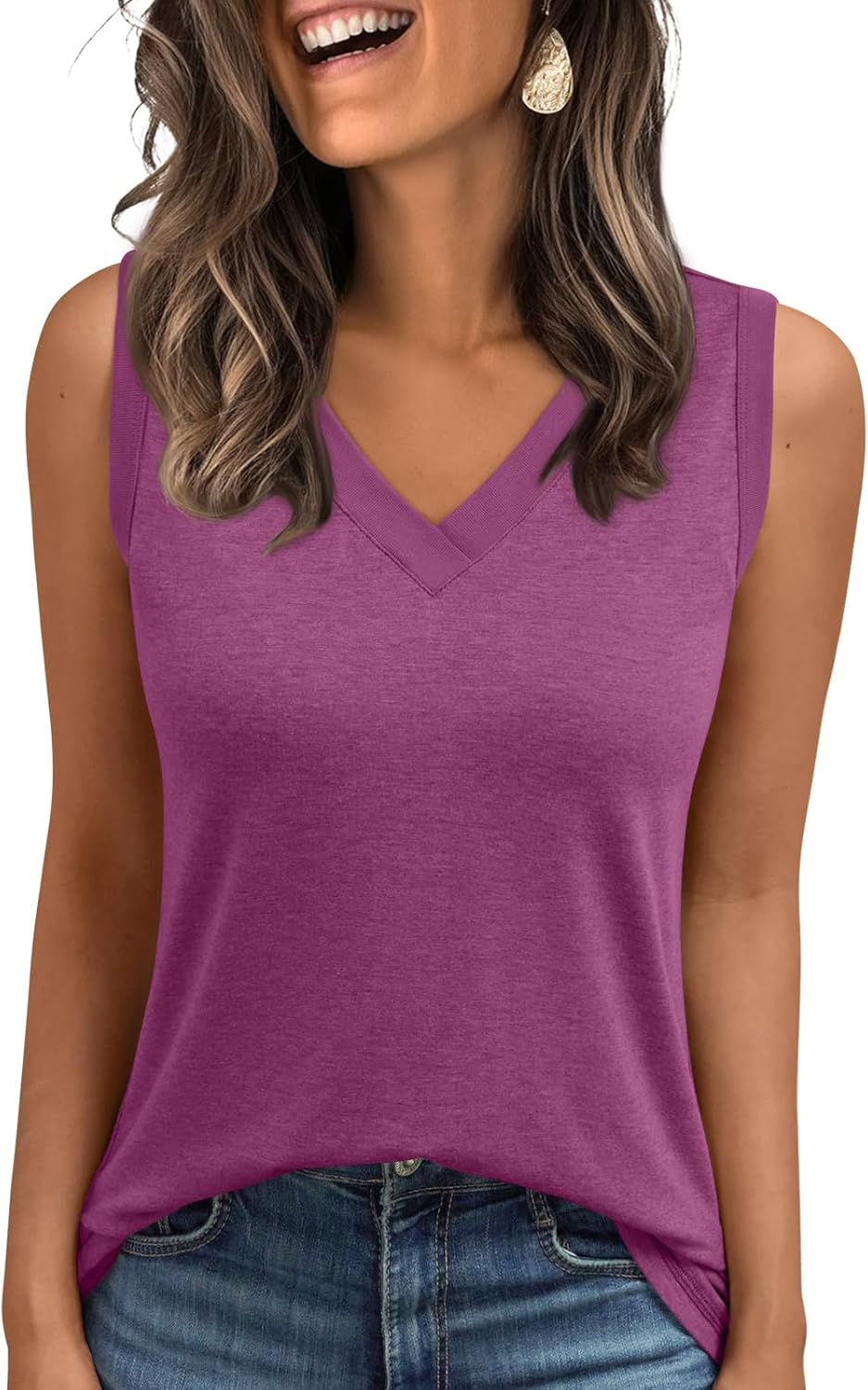 Women's Sleeveless V-Neck Slimming Loose Fit Casual Tank Top T-Shirt