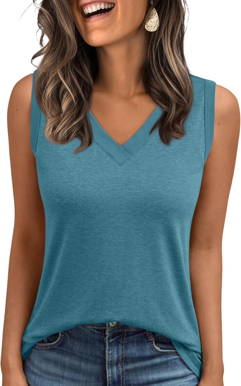 Women's Sleeveless V-Neck Slimming Loose Fit Casual Tank Top T-Shirt