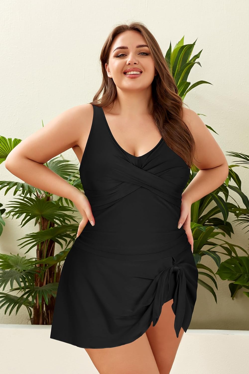 Women‘s Plus Size Tummy Control Bathing Suits Ruched V Neck One Piece Swimsuit Criss Cross Modest Swimdress