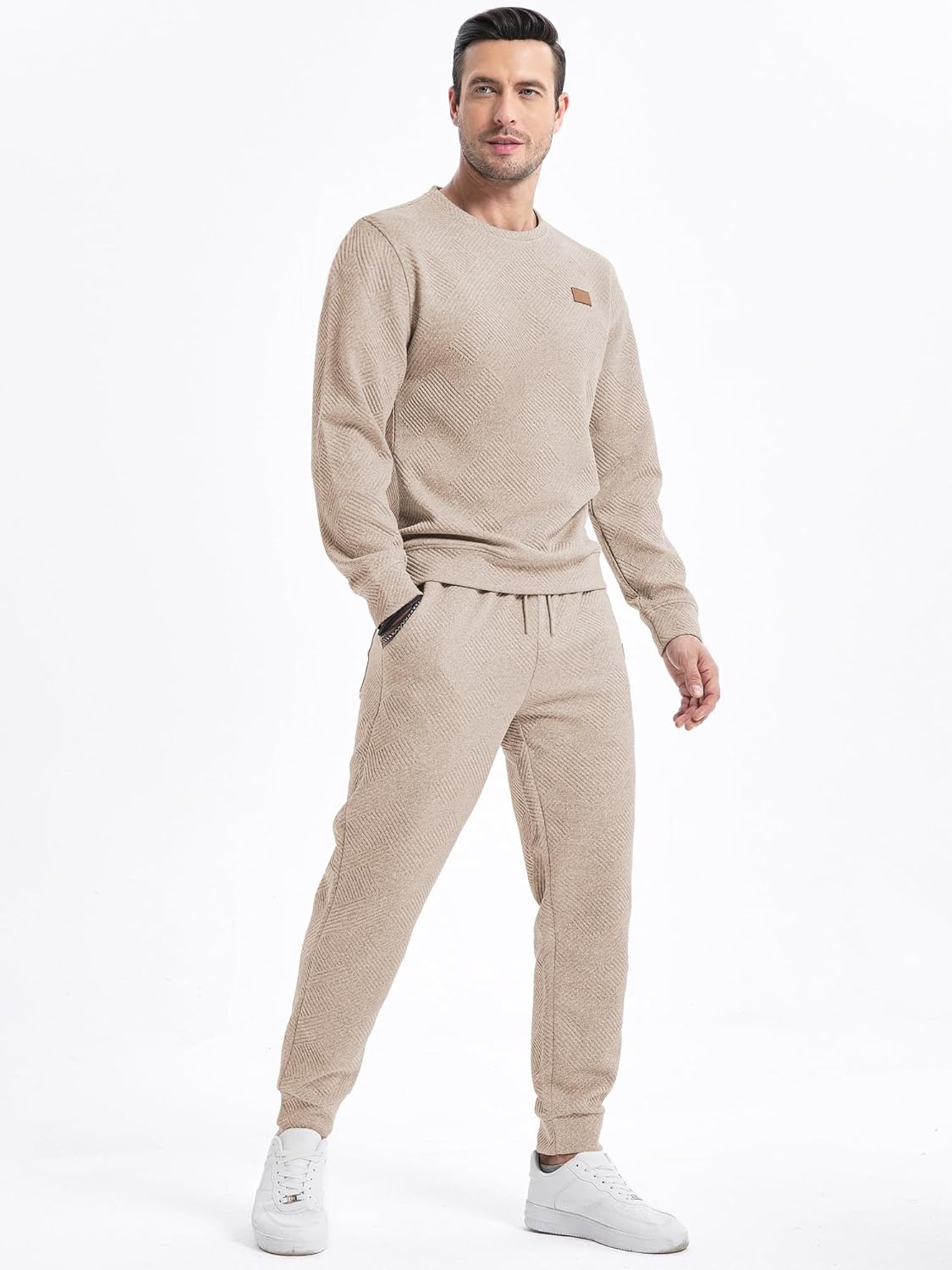 Men's 2 Piece Sweatsuits Outfits Casual Crewneck Jacquard Sweatshirt Joggers Sweatpants Set