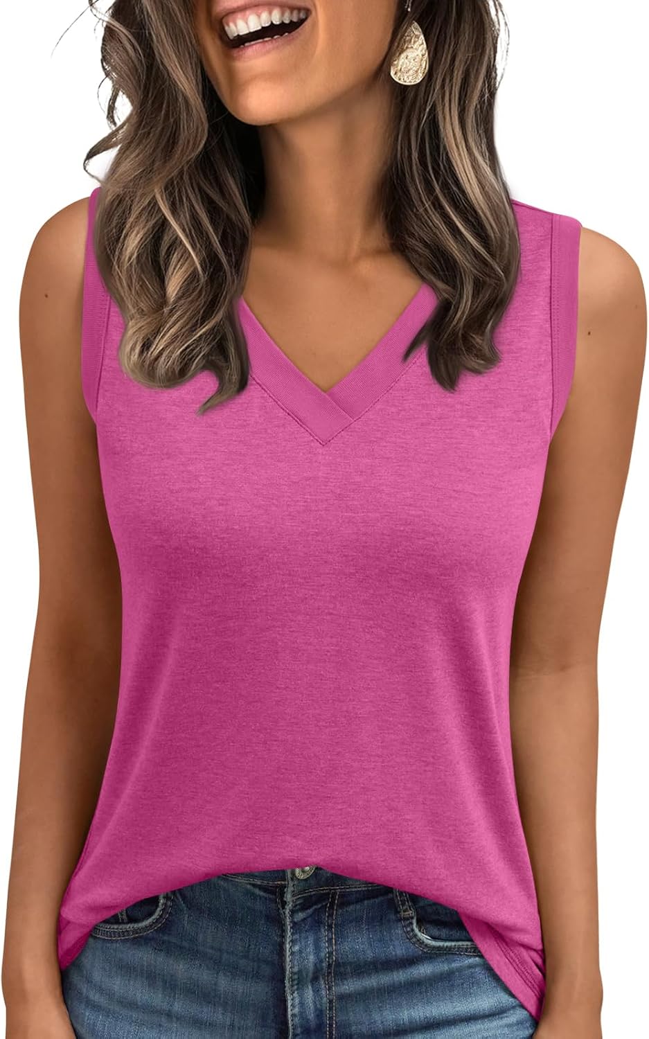 Women's Sleeveless V-Neck Slimming Loose Fit Casual Tank Top T-Shirt