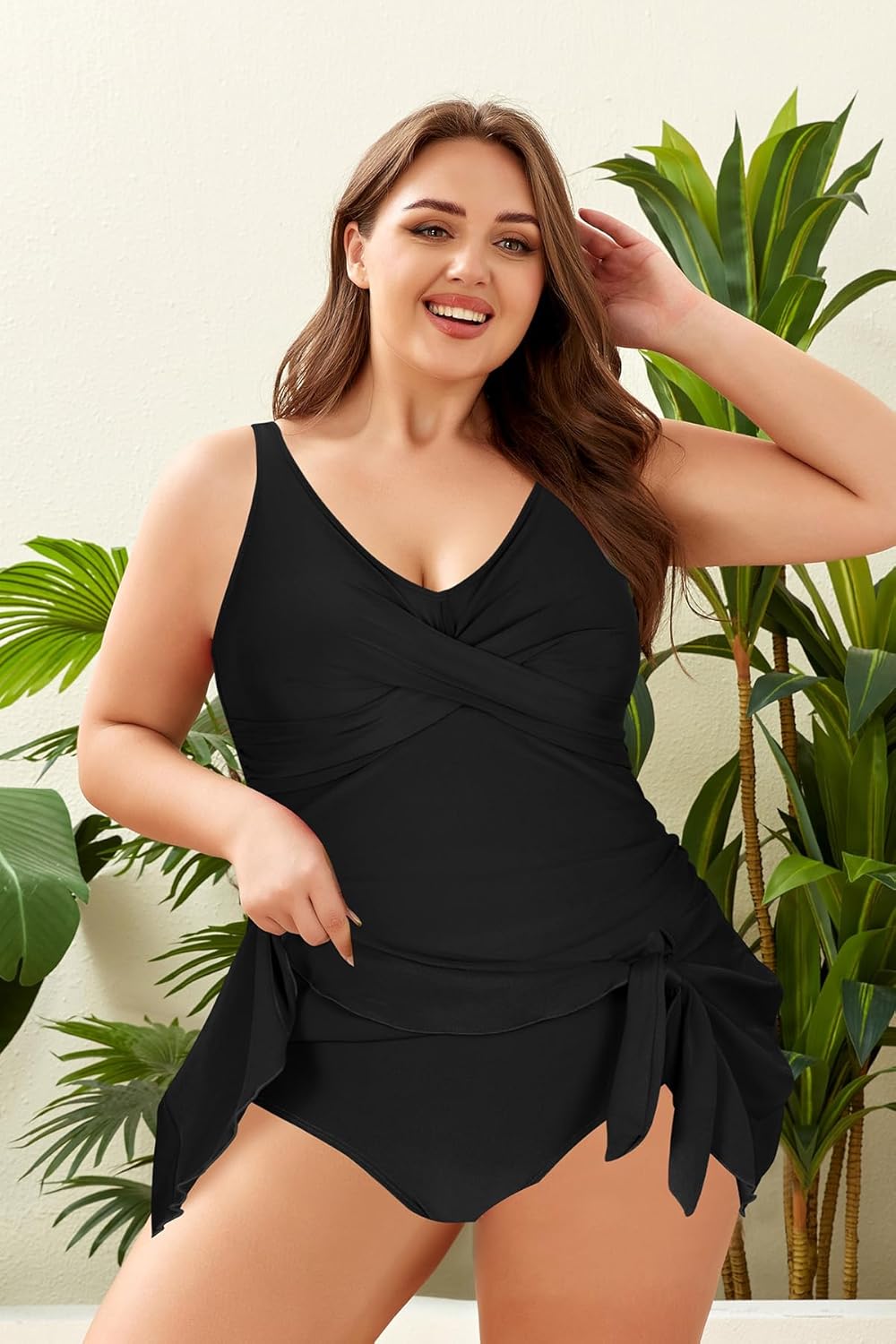 Women‘s Plus Size Tummy Control Bathing Suits Ruched V Neck One Piece Swimsuit Criss Cross Modest Swimdress