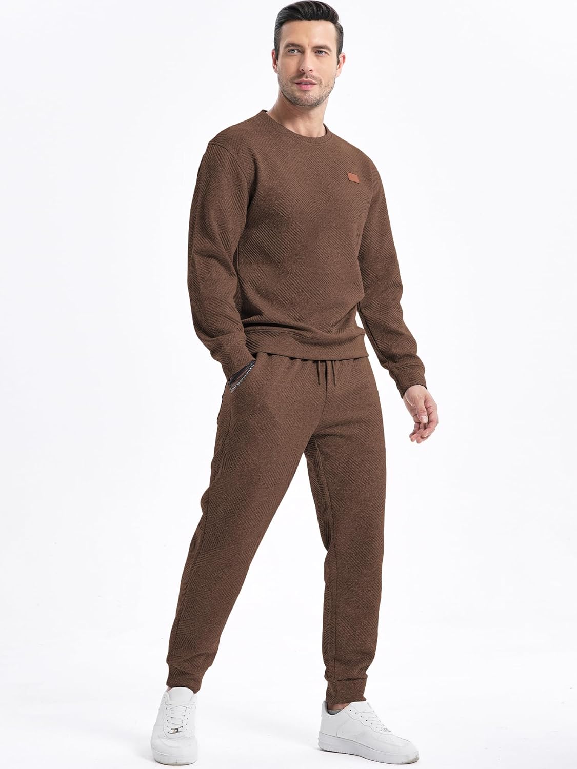 Men's 2 Piece Sweatsuits Outfits Casual Crewneck Jacquard Sweatshirt Joggers Sweatpants Set