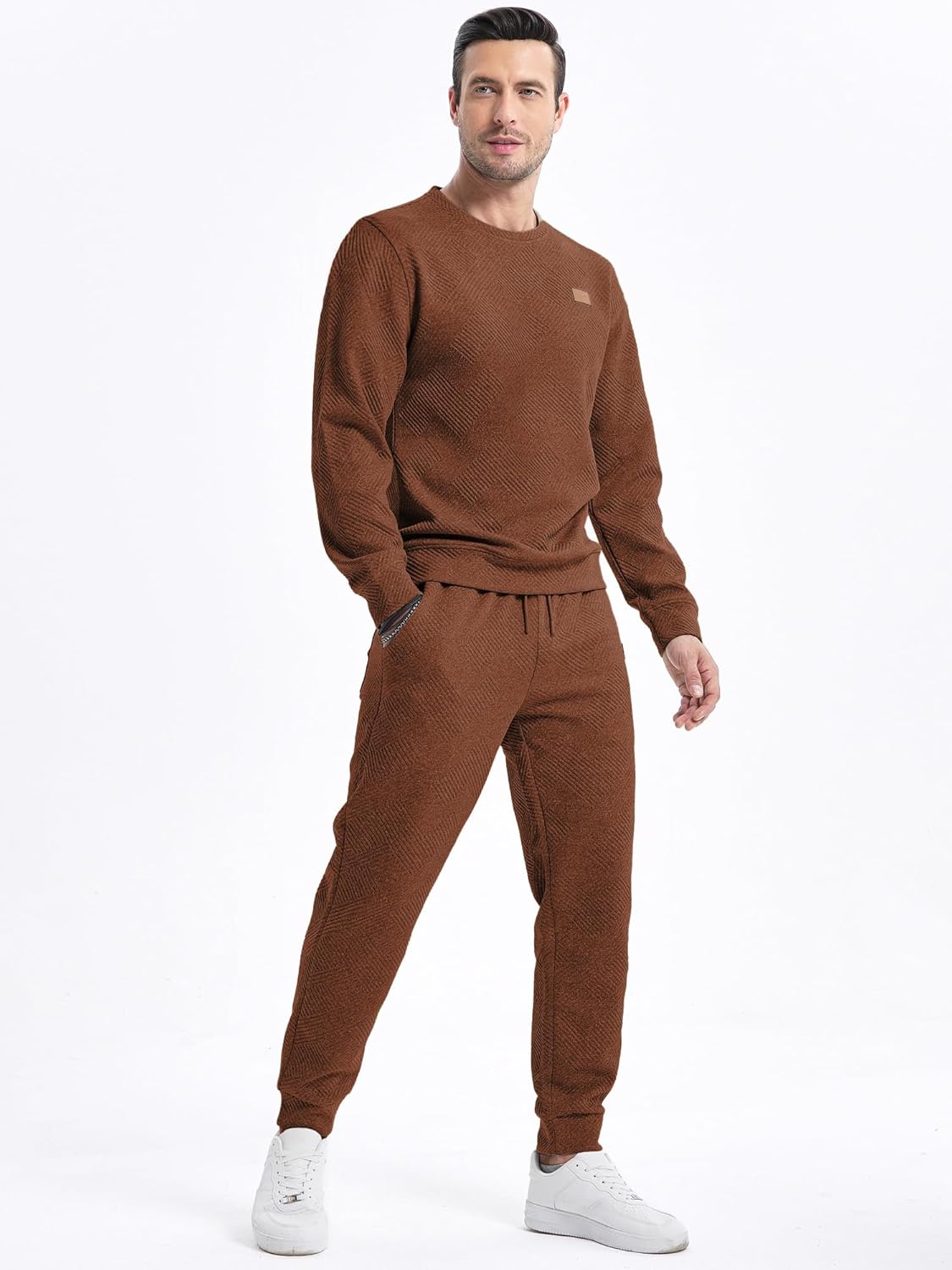 Men's 2 Piece Sweatsuits Outfits Casual Crewneck Jacquard Sweatshirt Joggers Sweatpants Set