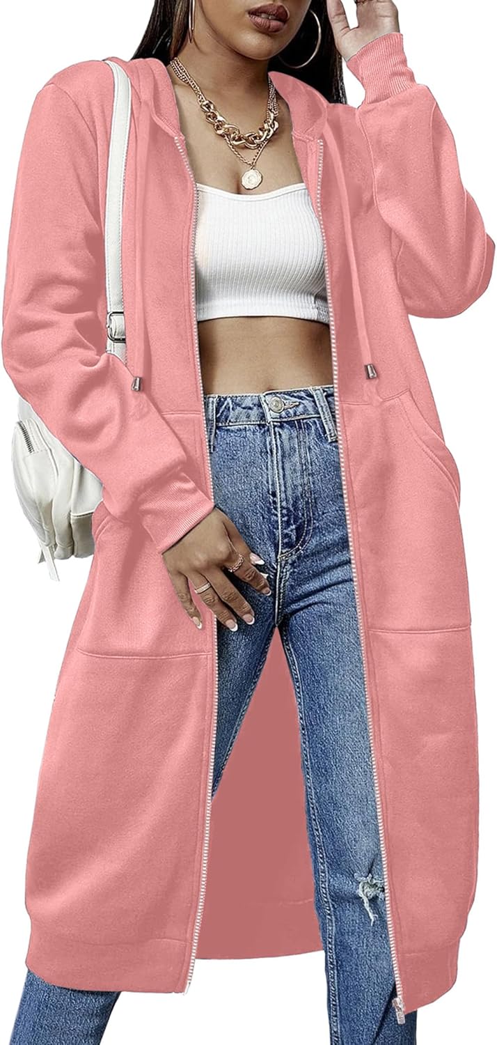 Women Casual Zip up Fleece Hoodies Tunic Sweatshirt Long Hoodie Jacket S-XXXL