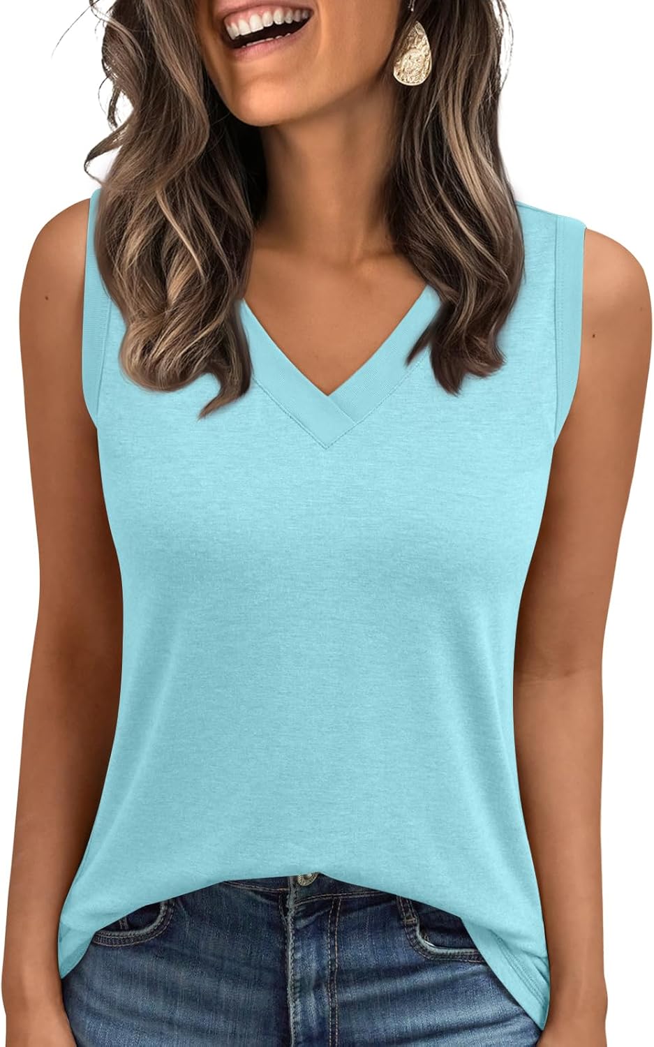 Women's Sleeveless V-Neck Slimming Loose Fit Casual Tank Top T-Shirt