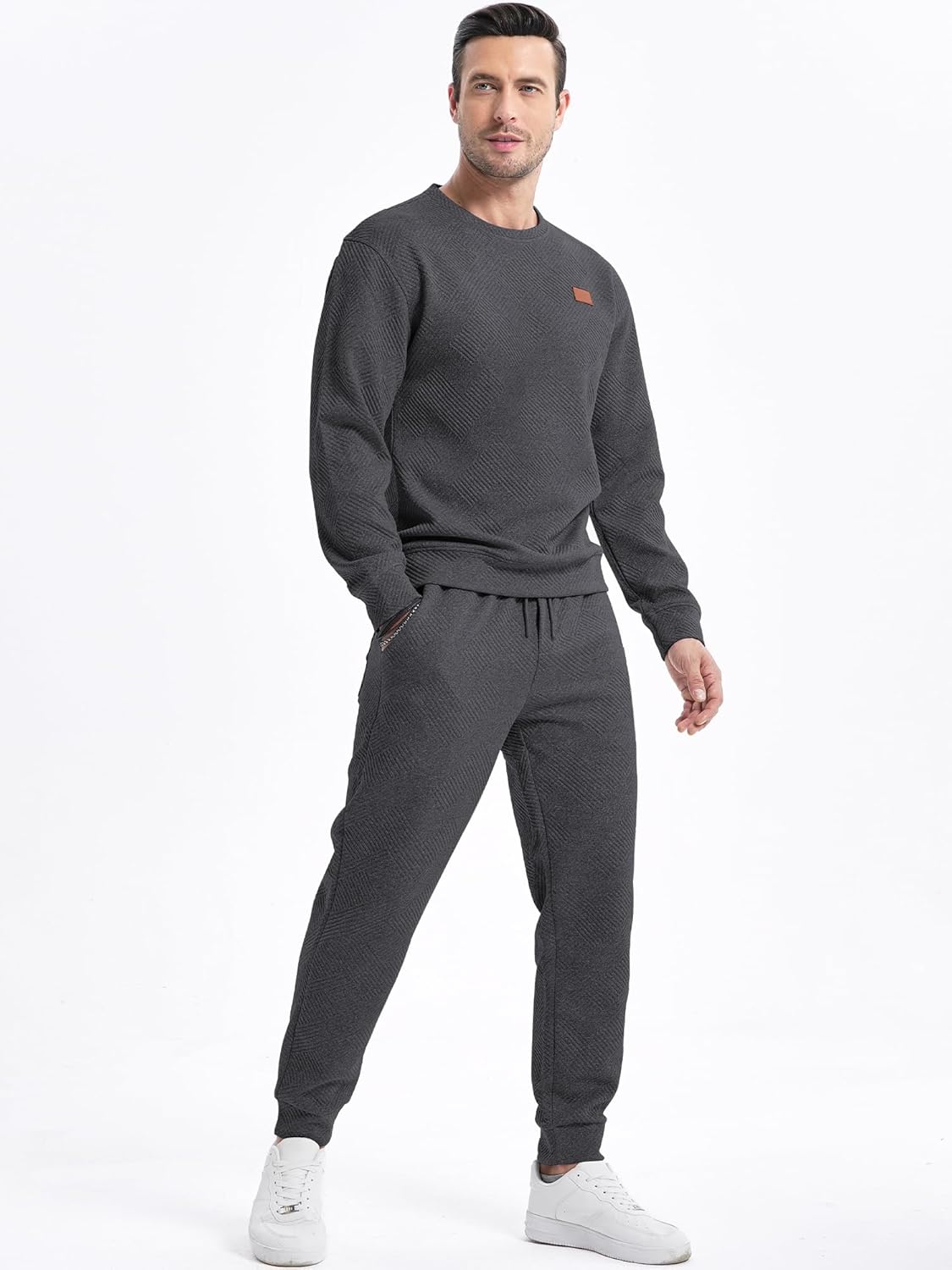 Men's 2 Piece Sweatsuits Outfits Casual Crewneck Jacquard Sweatshirt Joggers Sweatpants Set