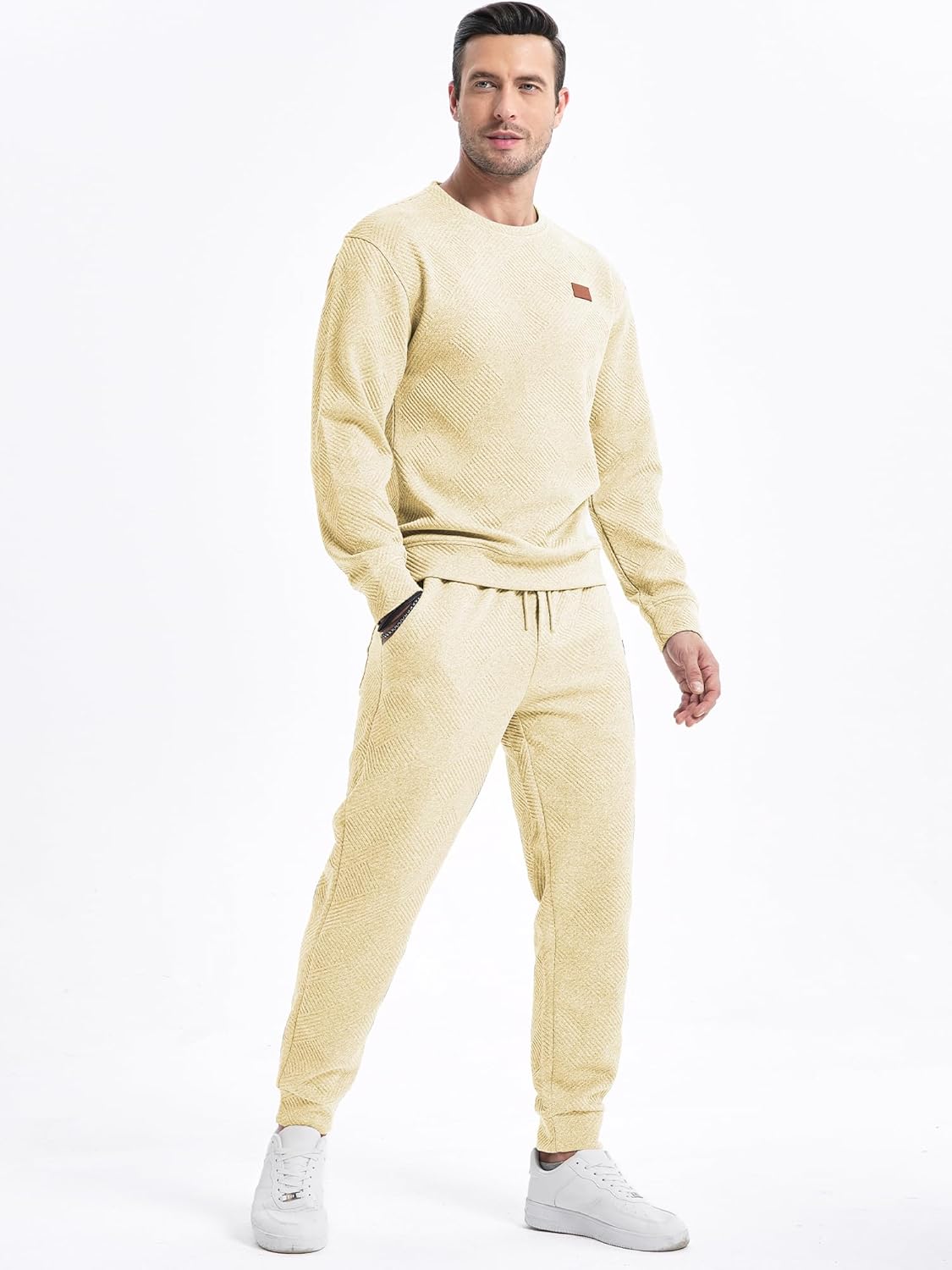 Men's 2 Piece Sweatsuits Outfits Casual Crewneck Jacquard Sweatshirt Joggers Sweatpants Set