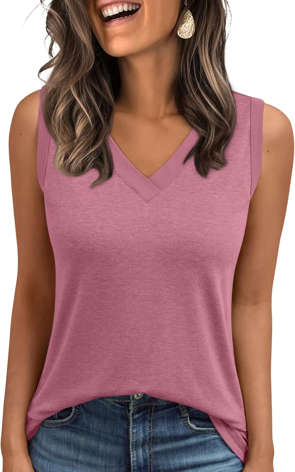 Women's Sleeveless V-Neck Slimming Loose Fit Casual Tank Top T-Shirt