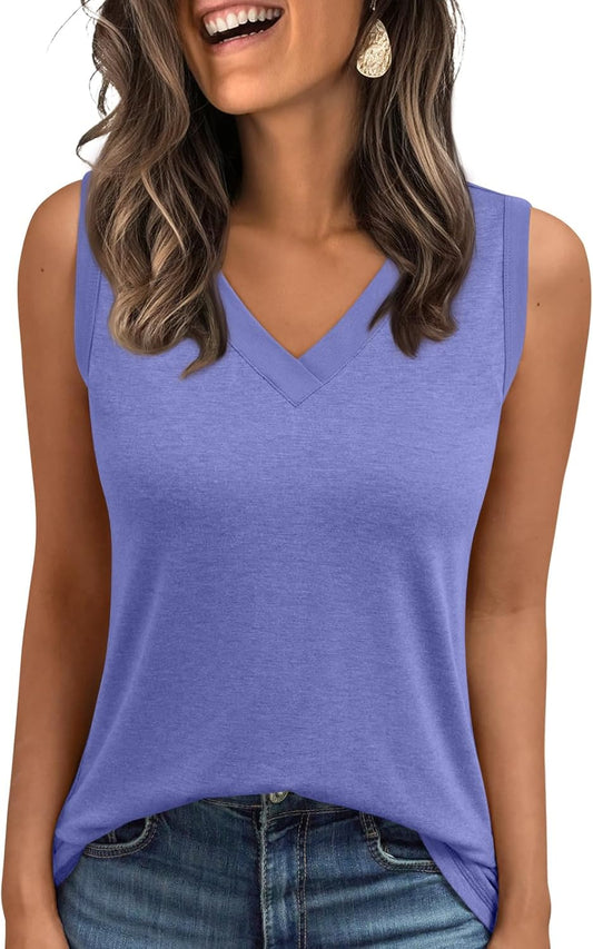 Women's Sleeveless V-Neck Slimming Loose Fit Casual Tank Top T-Shirt