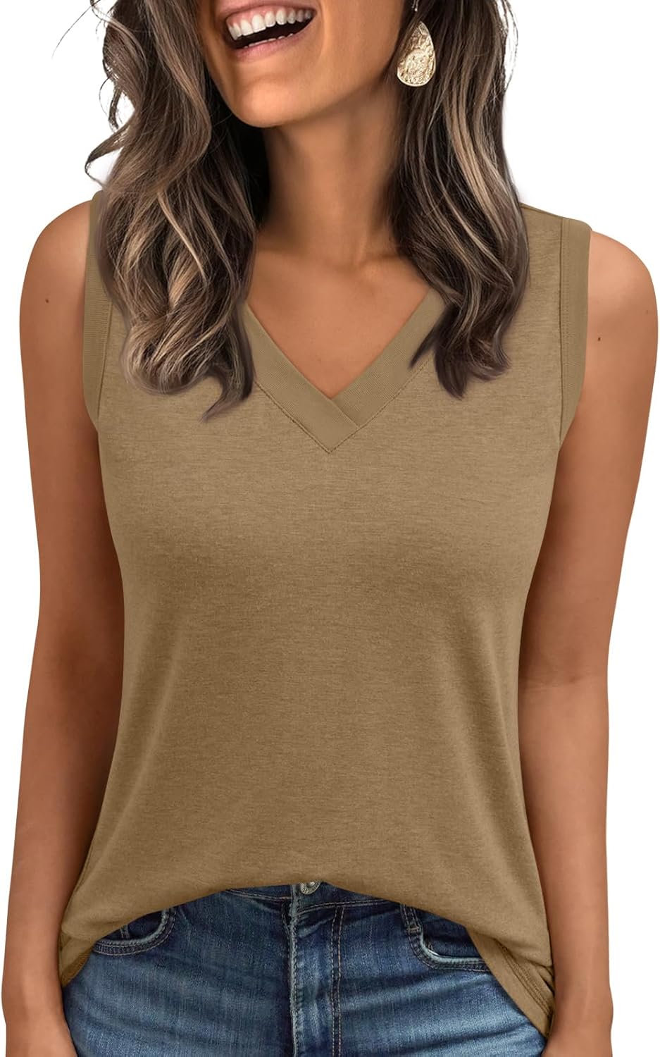 Women's Sleeveless V-Neck Slimming Loose Fit Casual Tank Top T-Shirt