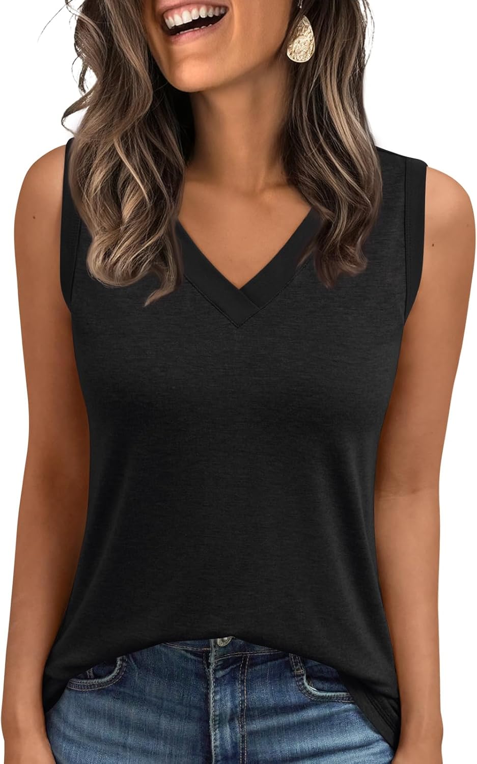 Women's Sleeveless V-Neck Slimming Loose Fit Casual Tank Top T-Shirt
