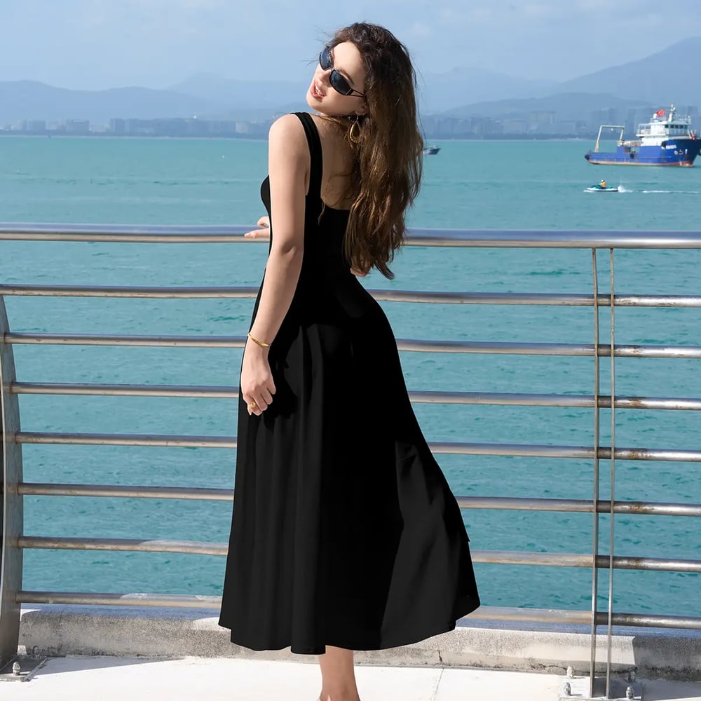 Women's Sleeveless Square Neck A-Line Maxi Dress with Pockets