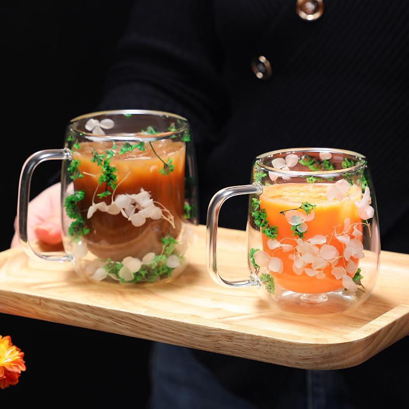 Transparent Double Glass Flower Tea Cup 350 ml