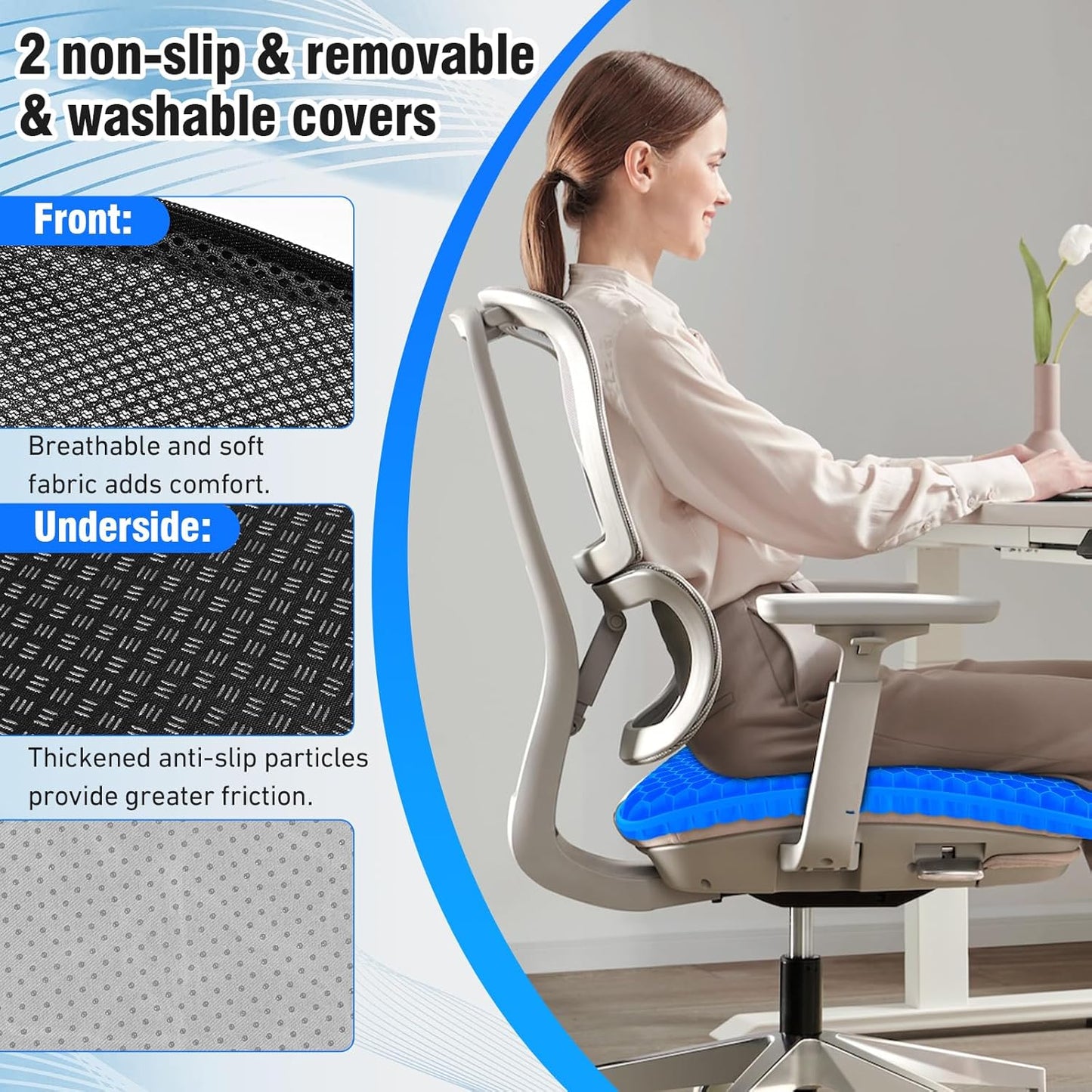 Vmingo Large Gel Cushion, Orthopaedic Upgraded, Seat Cushion, Office Chair, Breathable with Non-Slip Cover, Gel Seat Cushion for Wheelchair Cushion/Car/Office/Home (Dark Blue)