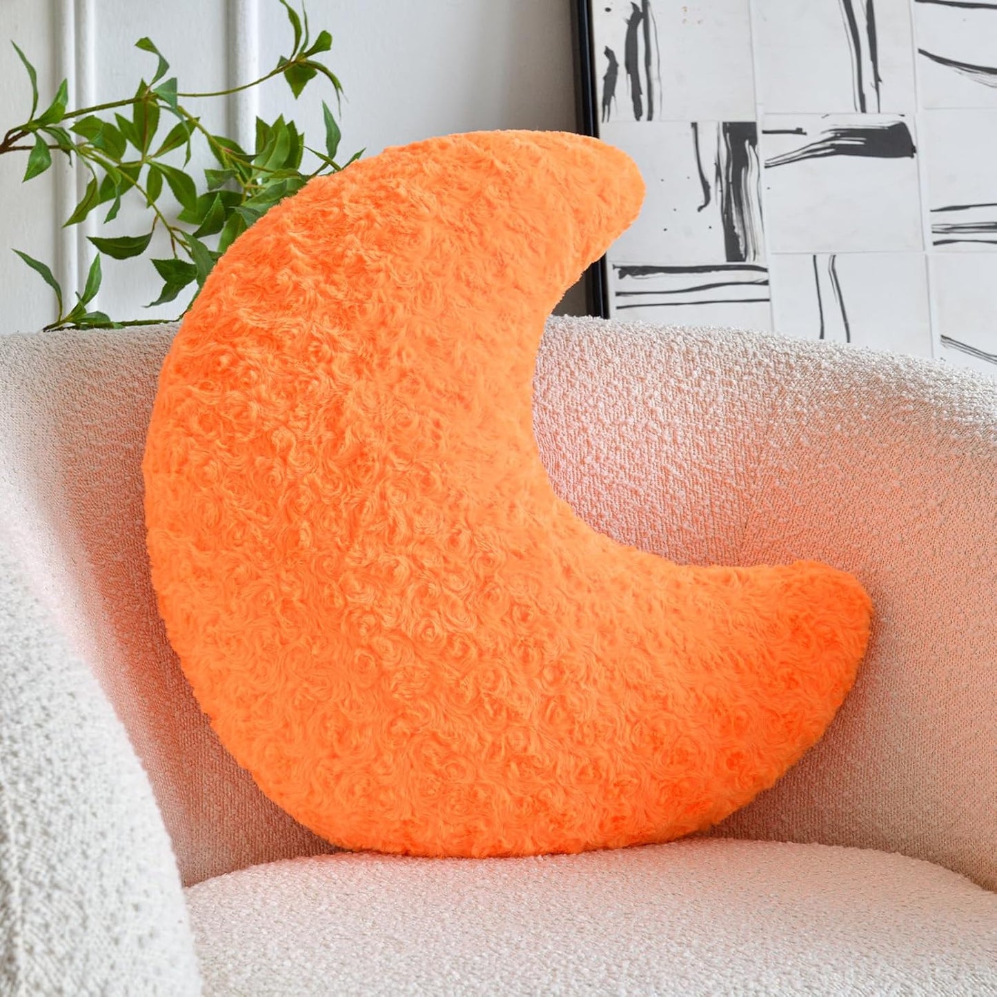 Moon Shaped Pillow with Soft Faux Fur for Couch (14.9 Inches, White)