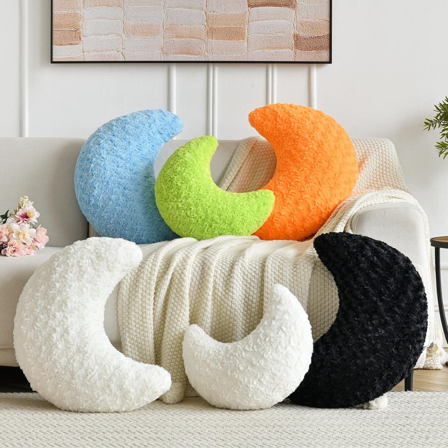 Moon Shaped Pillow with Soft Faux Fur for Couch (14.9 Inches, White)