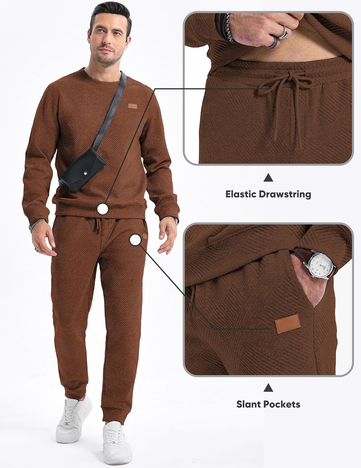 Men's 2 Piece Sweatsuits Outfits Casual Crewneck Jacquard Sweatshirt Joggers Sweatpants Set