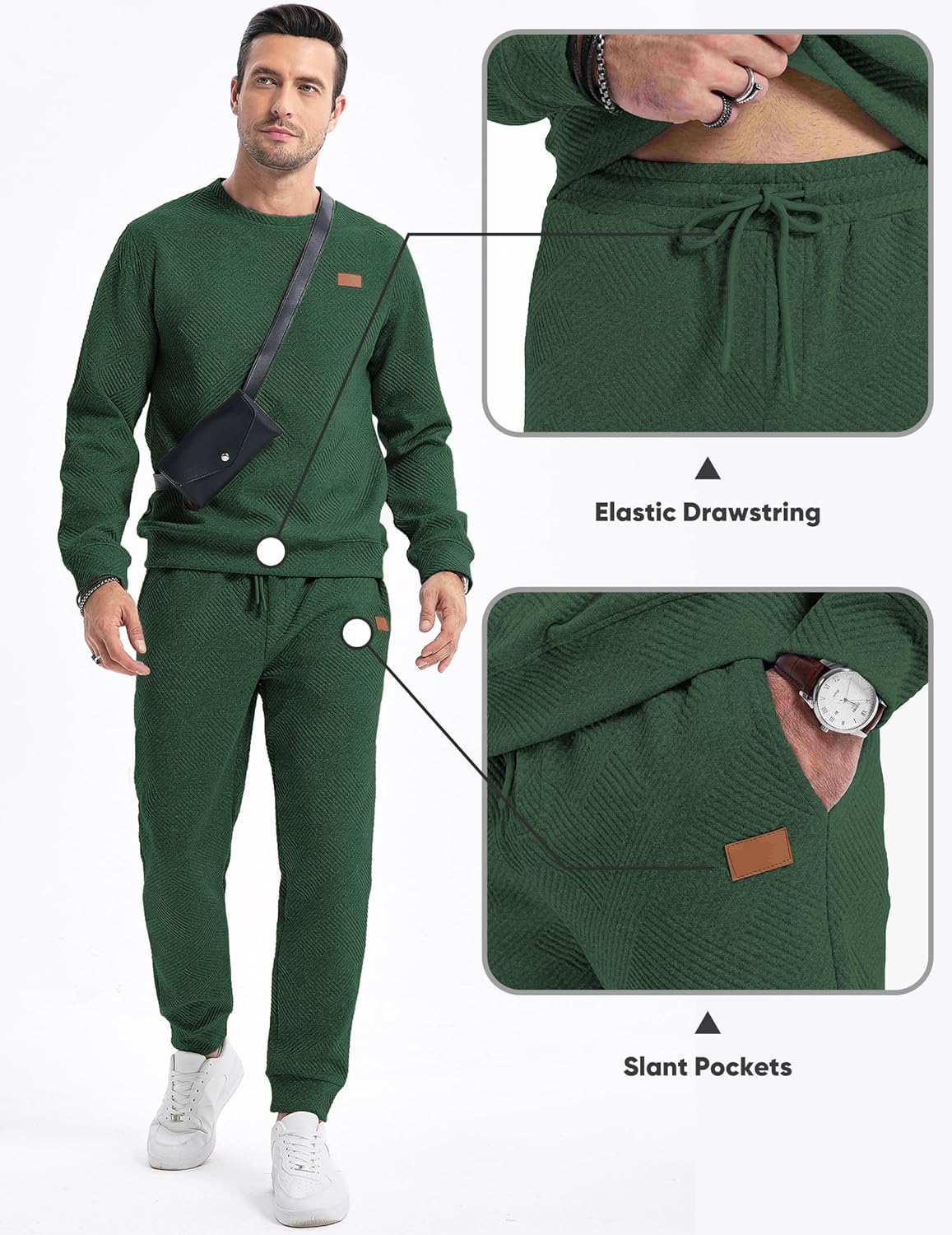 Men's 2 Piece Sweatsuits Outfits Casual Crewneck Jacquard Sweatshirt Joggers Sweatpants Set