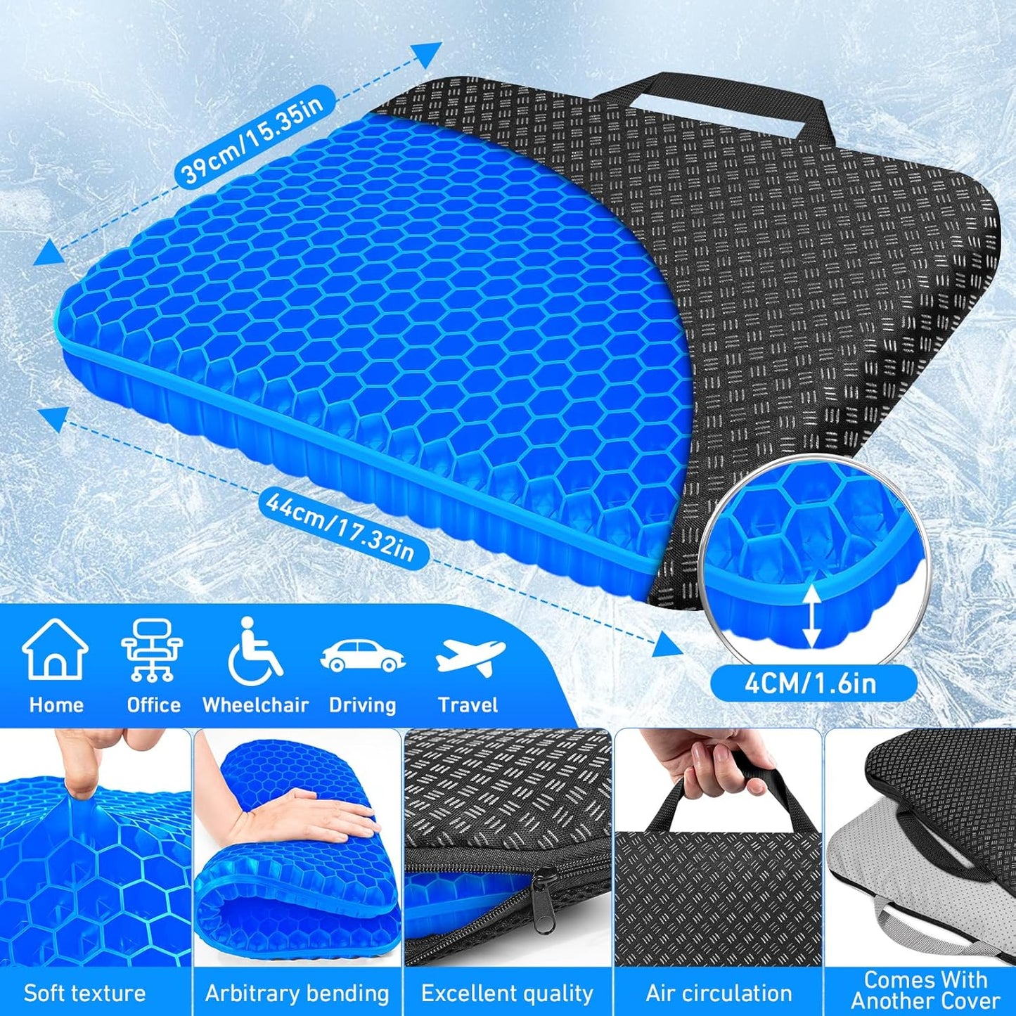 Vmingo Large Gel Cushion, Orthopaedic Upgraded, Seat Cushion, Office Chair, Breathable with Non-Slip Cover, Gel Seat Cushion for Wheelchair Cushion/Car/Office/Home (Dark Blue)