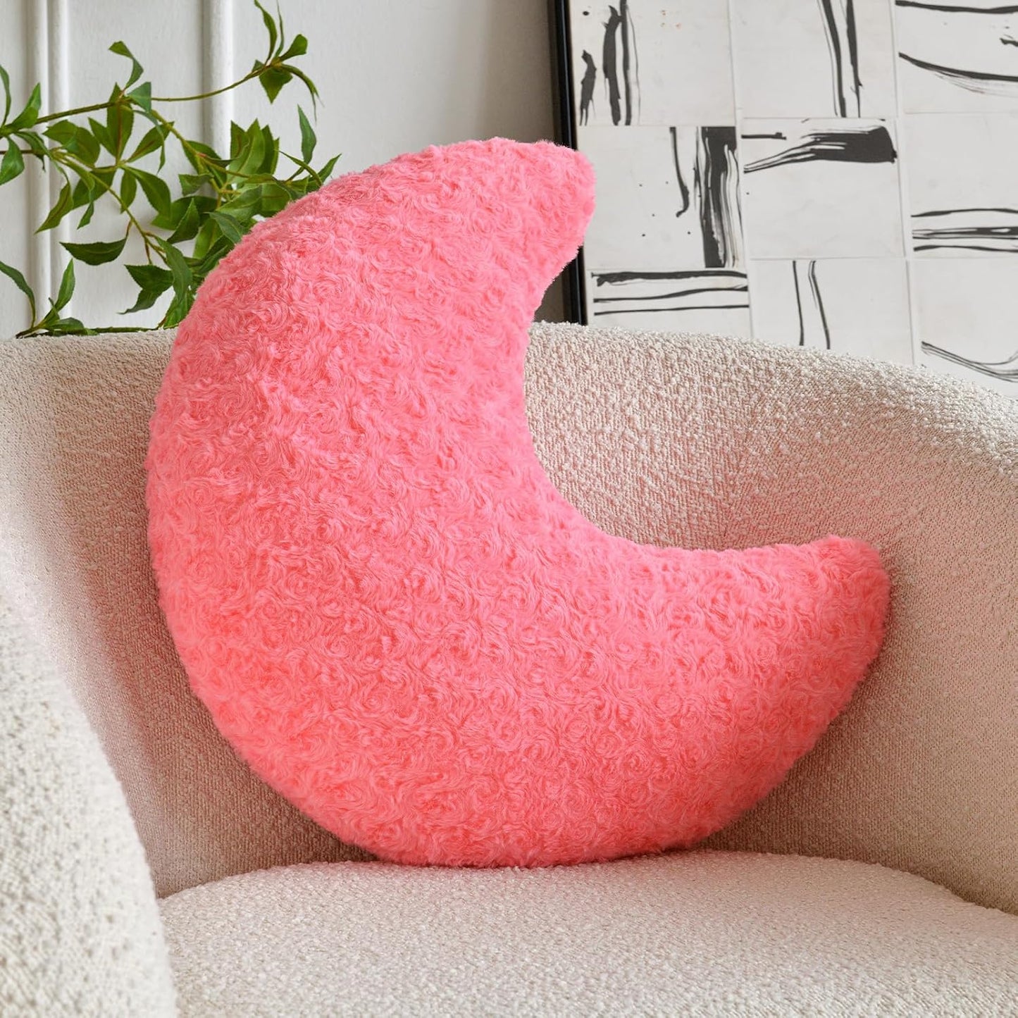 Moon Shaped Pillow with Soft Faux Fur for Couch (14.9 Inches, White)