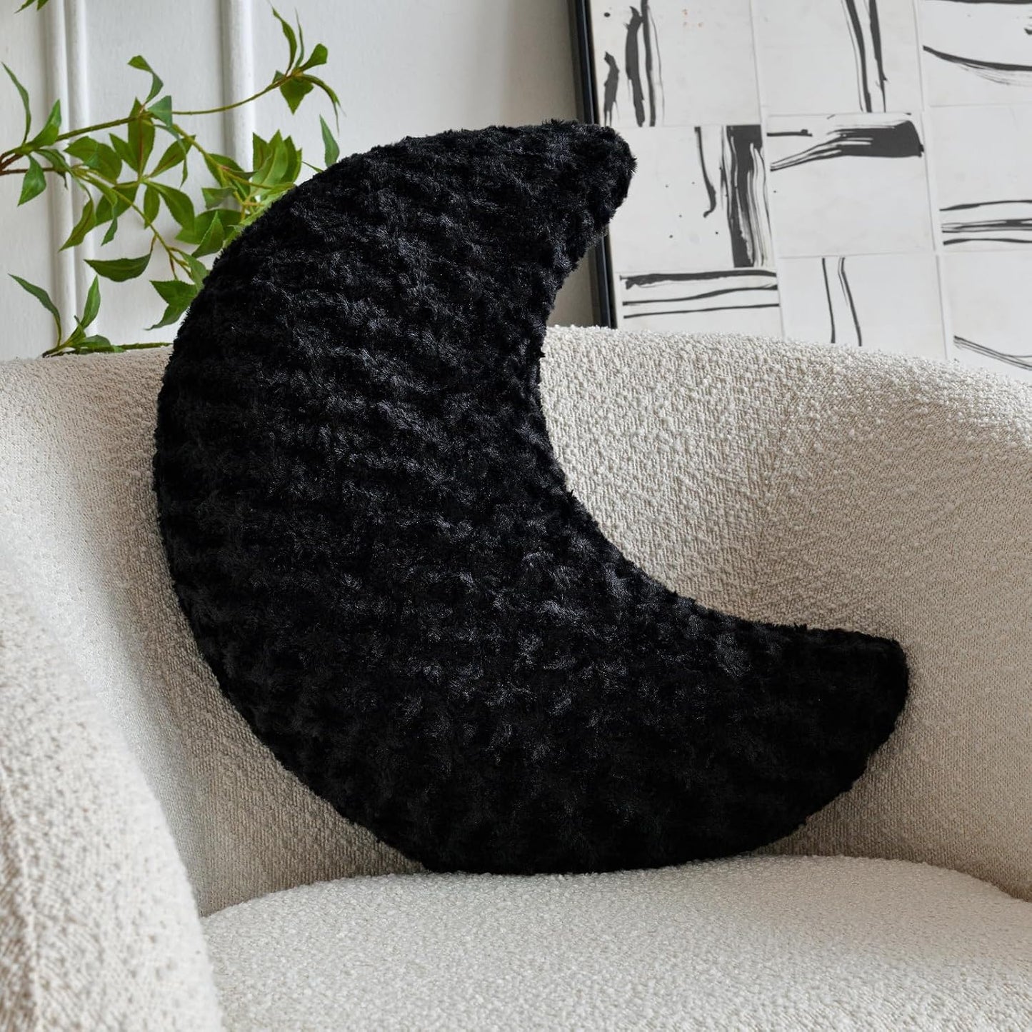 Moon Shaped Pillow with Soft Faux Fur for Couch (14.9 Inches, White)