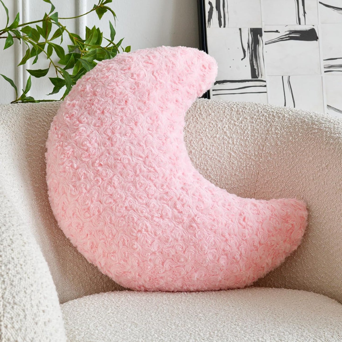 Moon Shaped Pillow with Soft Faux Fur for Couch (14.9 Inches, White)