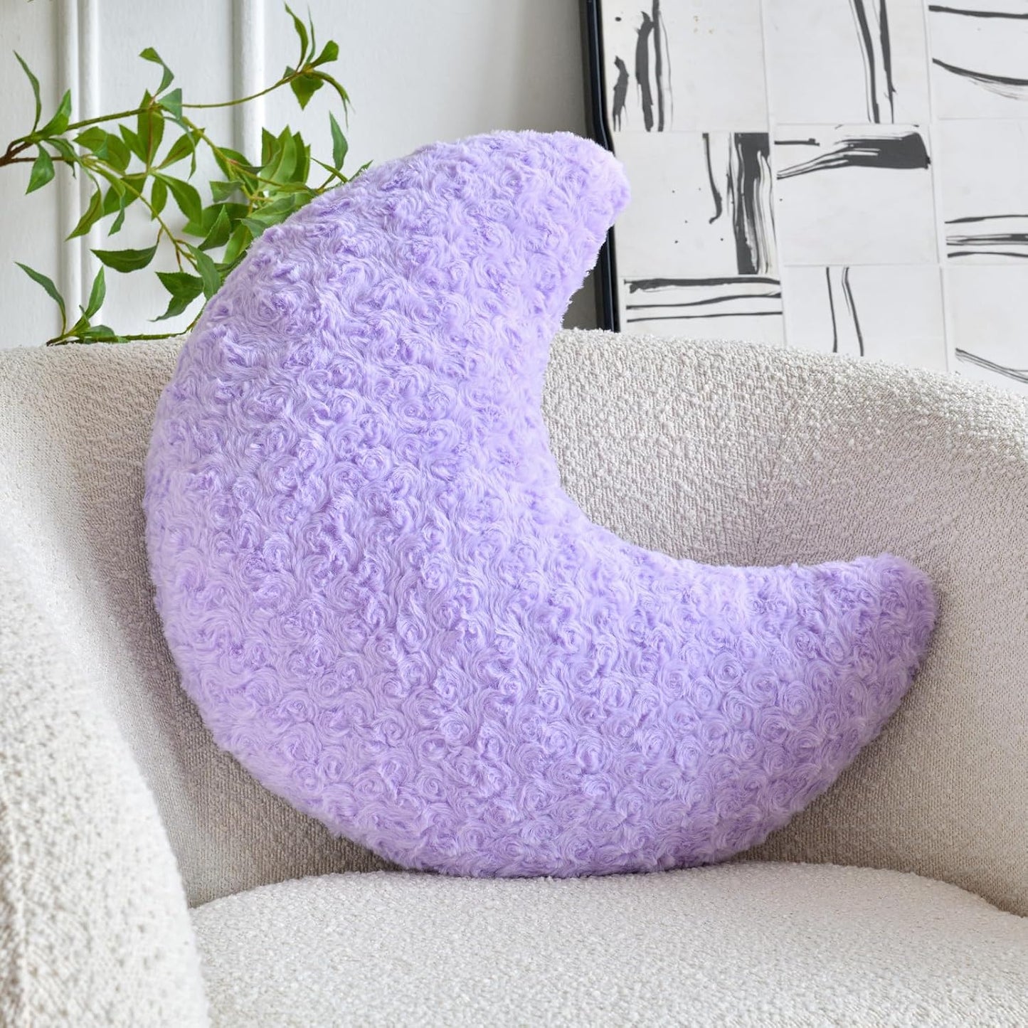Moon Shaped Pillow with Soft Faux Fur for Couch (14.9 Inches, White)