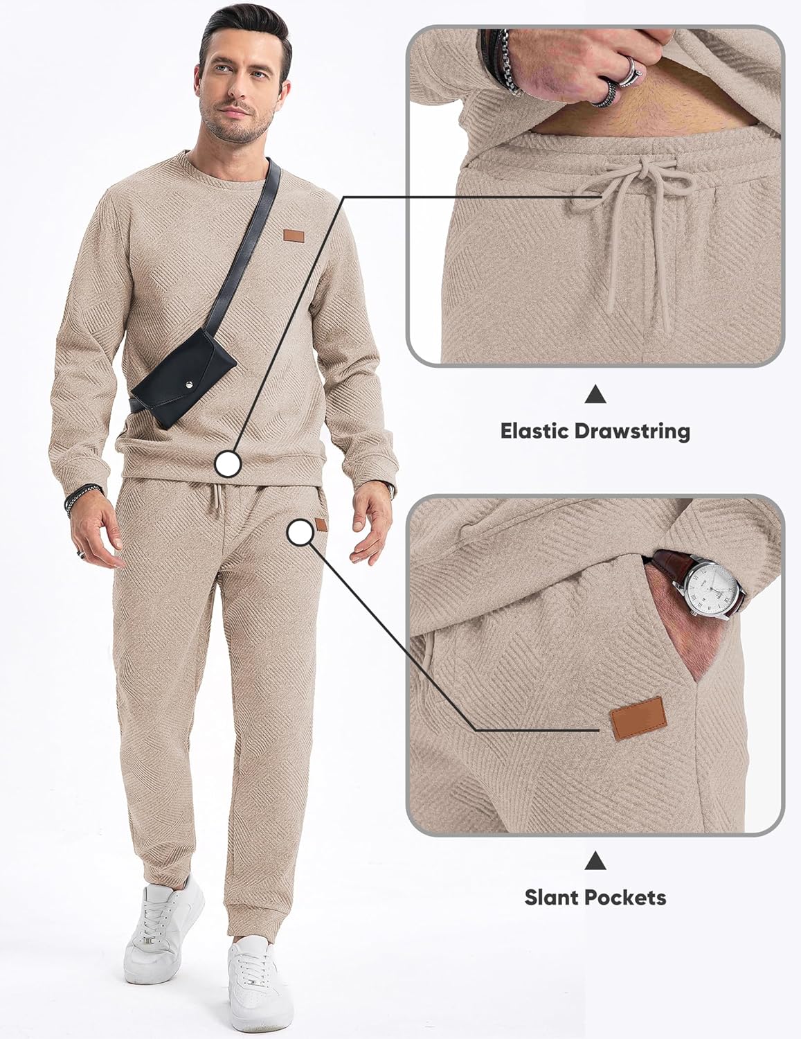 Men's 2 Piece Sweatsuits Outfits Casual Crewneck Jacquard Sweatshirt Joggers Sweatpants Set