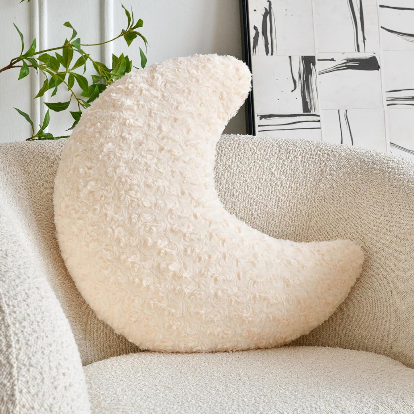 Moon Shaped Pillow with Soft Faux Fur for Couch (14.9 Inches, White)