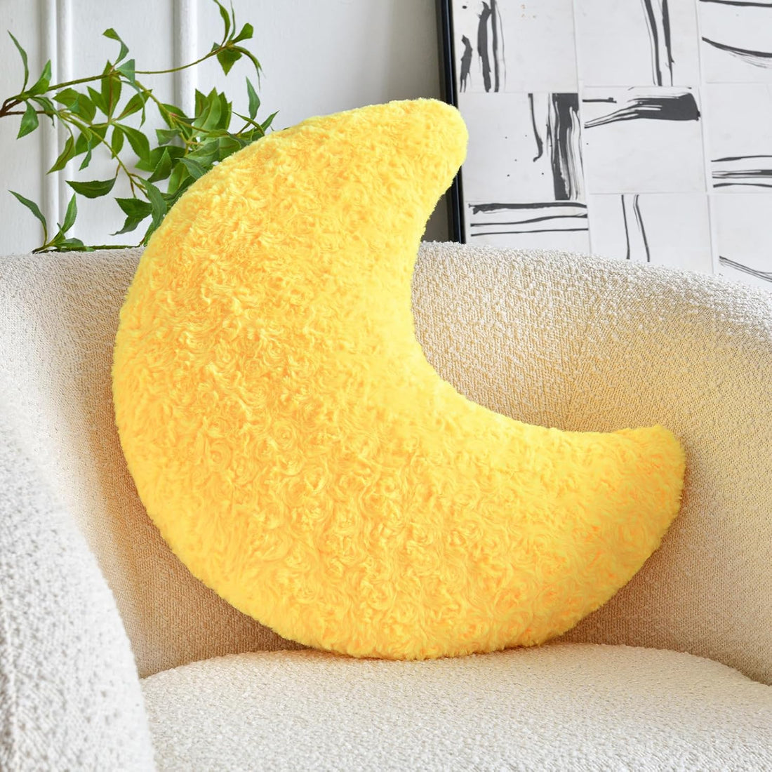 Moon Shaped Pillow with Soft Faux Fur for Couch (14.9 Inches, White)