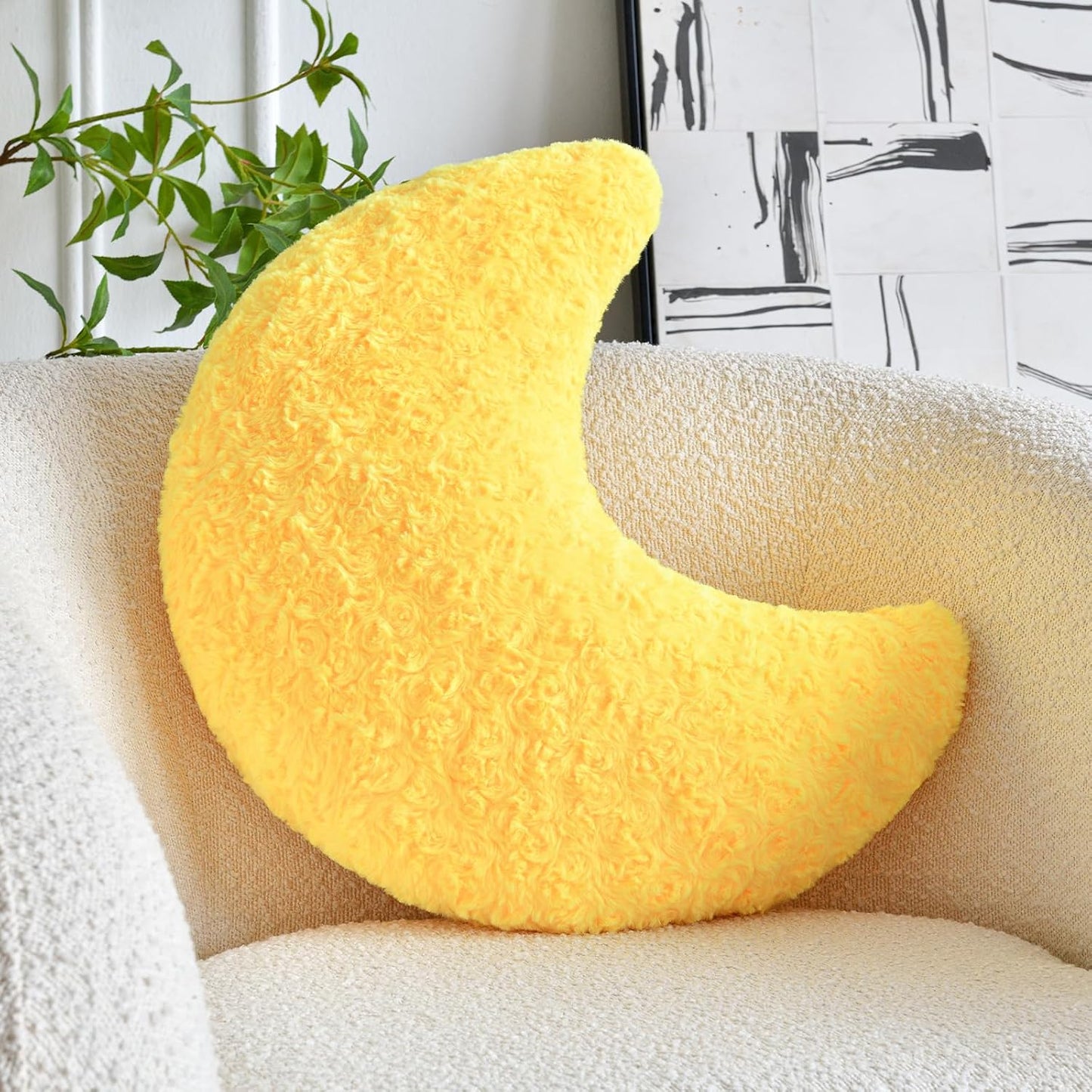 Moon Shaped Pillow with Soft Faux Fur for Couch (14.9 Inches, White)