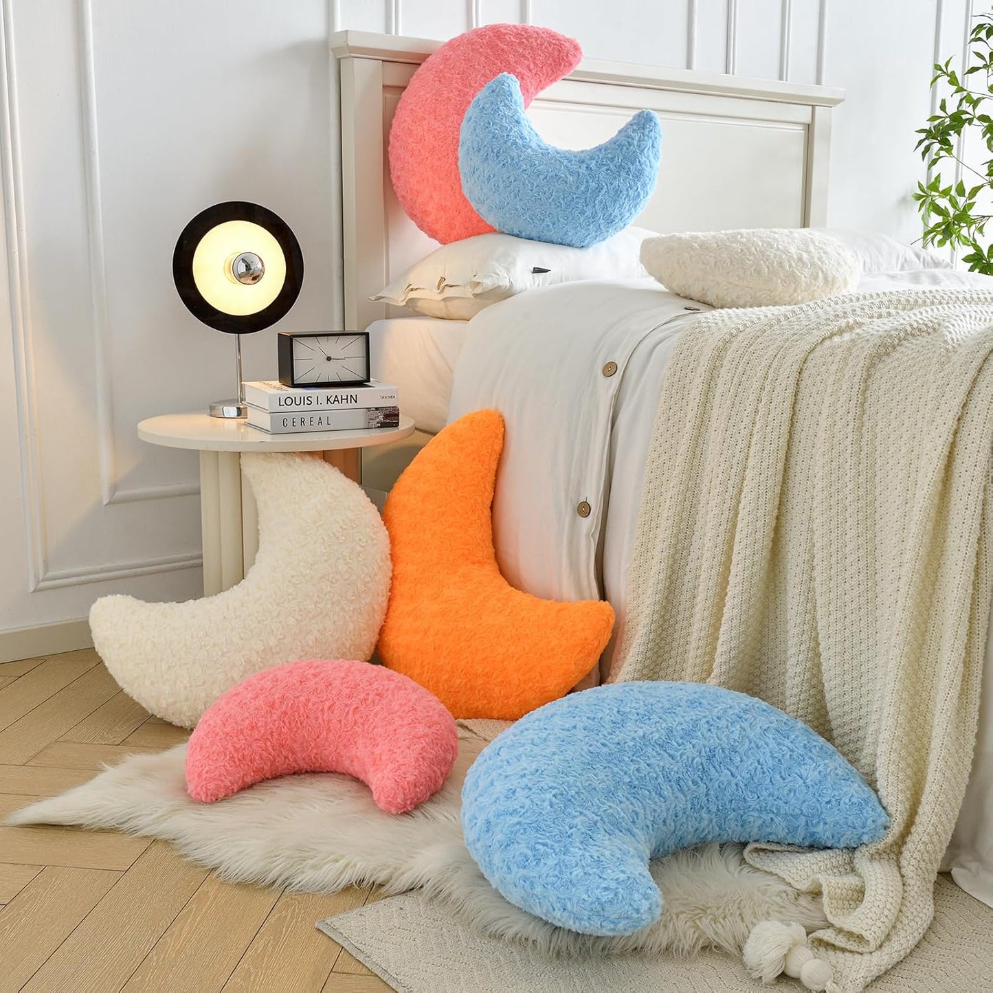 Moon Shaped Pillow with Soft Faux Fur for Couch (14.9 Inches, White)